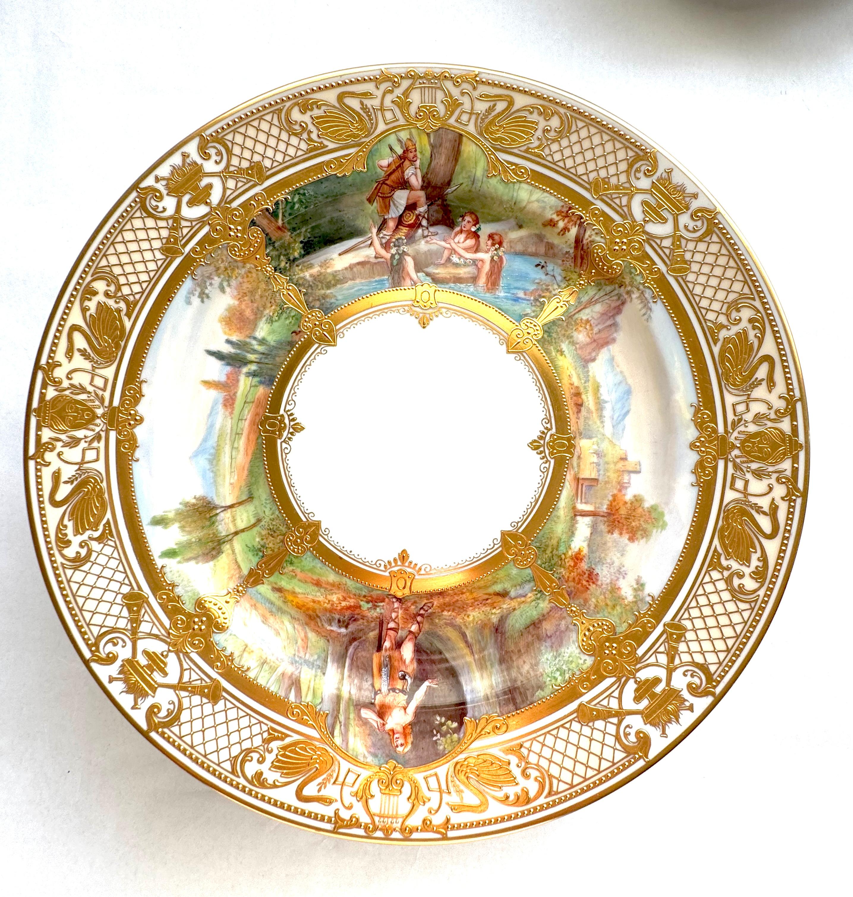 Gilt Important Set of 12 Ambrosius Lamm Dresden Opera Plates Cabinet Dinner For Sale