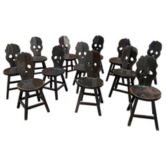 Important Set of Brutalist Chairs in Blackened Wood, circa 1960-1970