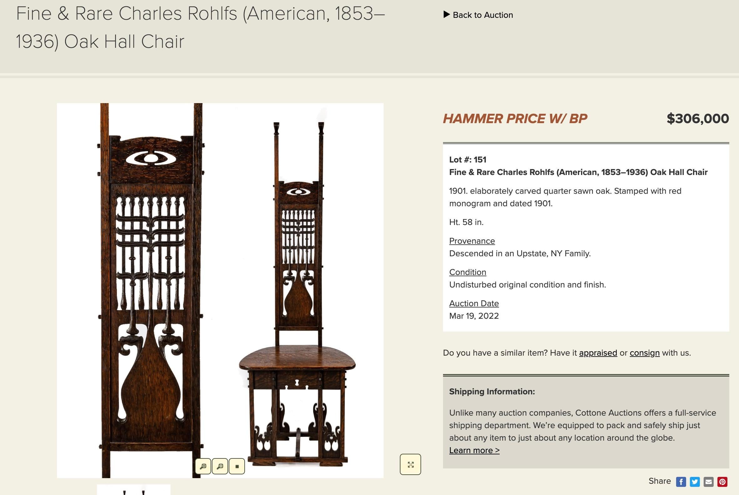 Importante set di poltrone in Oak Oak di Charles Rohlfs firmate e datate 1903 in vendita 10