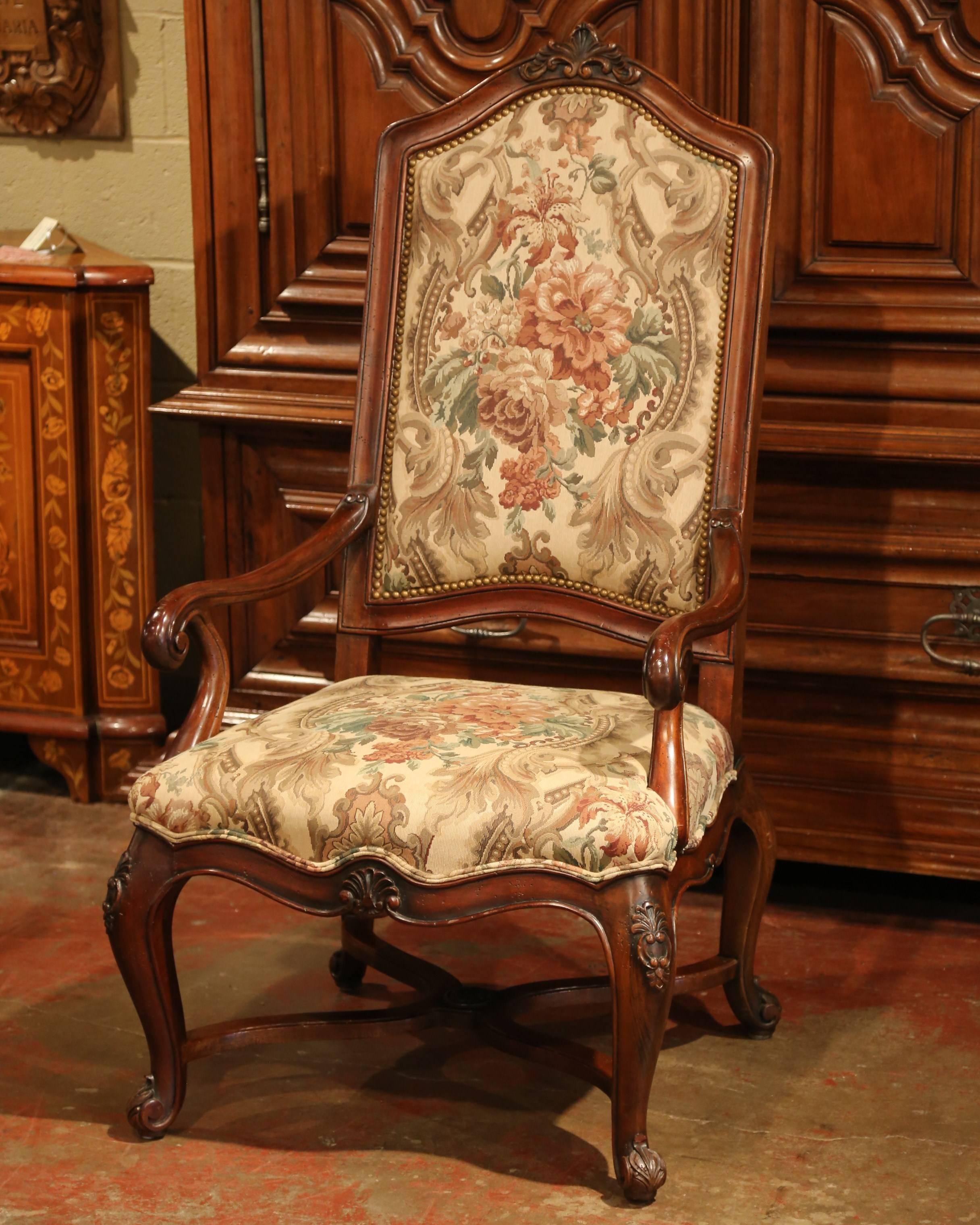 This quality dining room suite of fruitwood chairs and matching armchairs was crafted in France, circa 1980. The set includes six-side chairs and two armchairs. Each seating features elegant cabriole legs with decorative carving, a shaped apron over