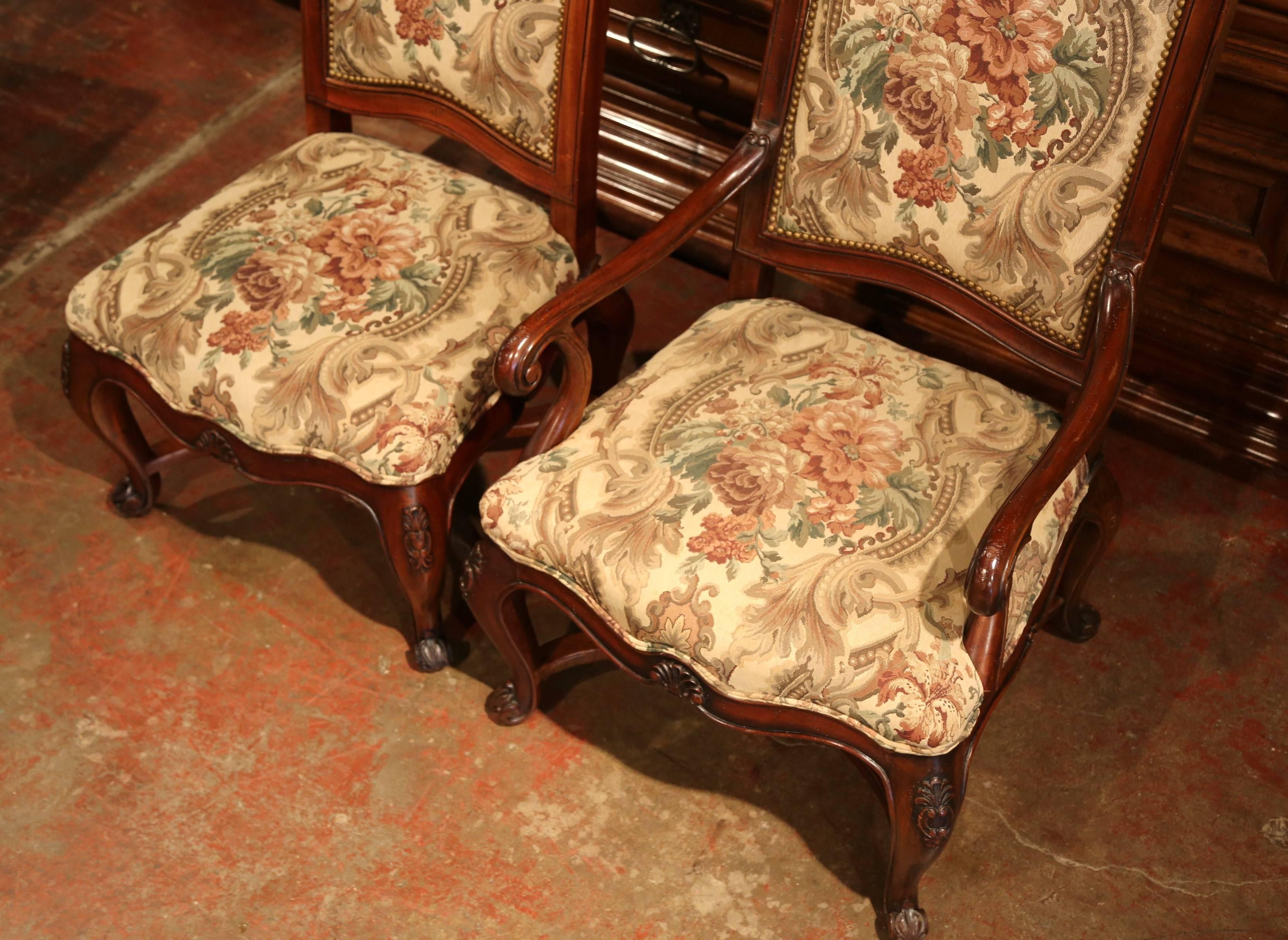 Set of Eight French Carved Walnut Dining Chairs and Armchairs 1