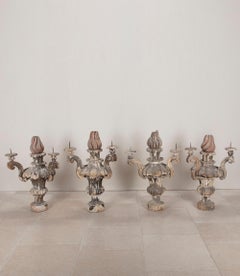 Important Set of Four 17th Century Italian Baroque Painted Carved Wood Prickets