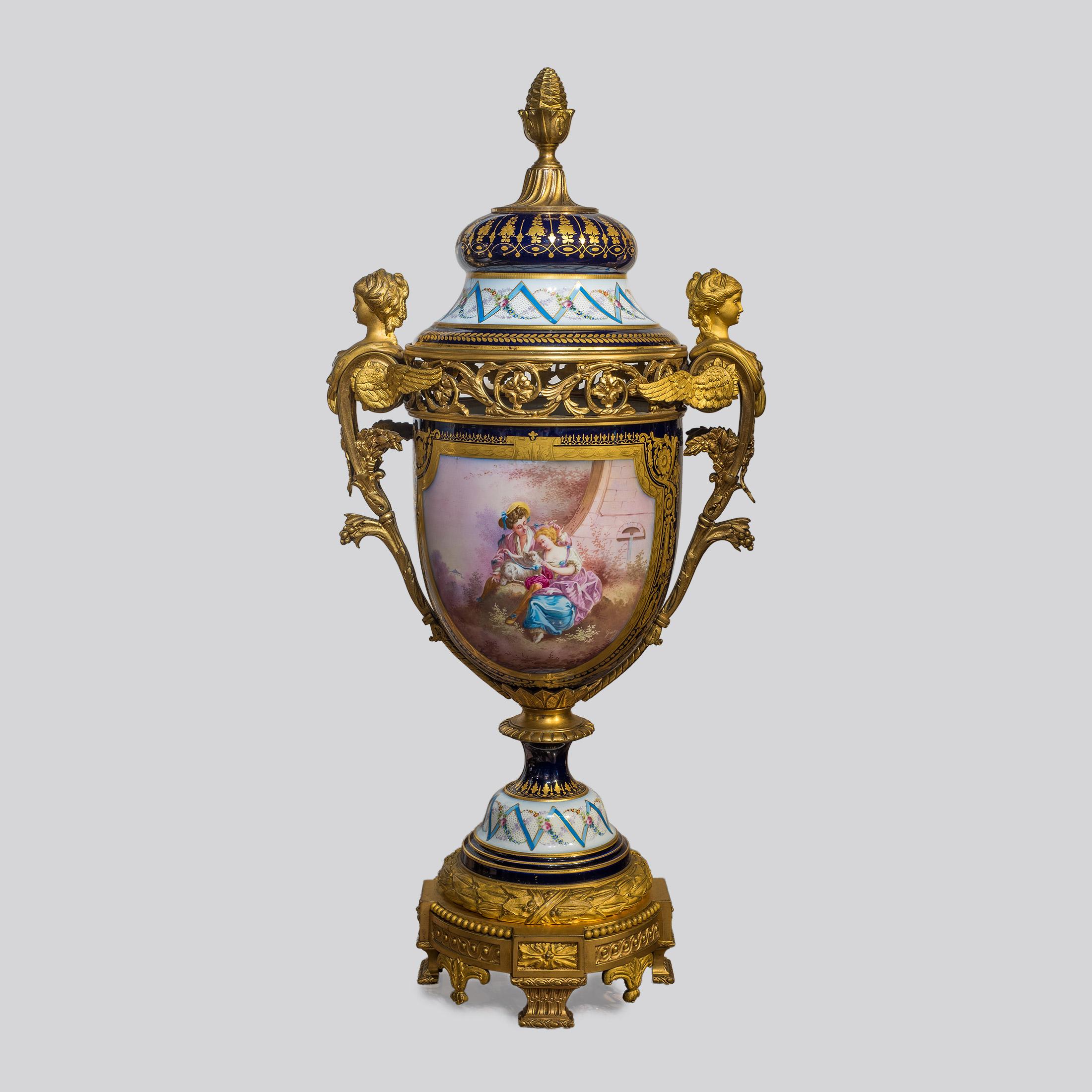 Gilt Important Sèvres Style Bronze Mounted and Cobalt Porcelain Vases For Sale