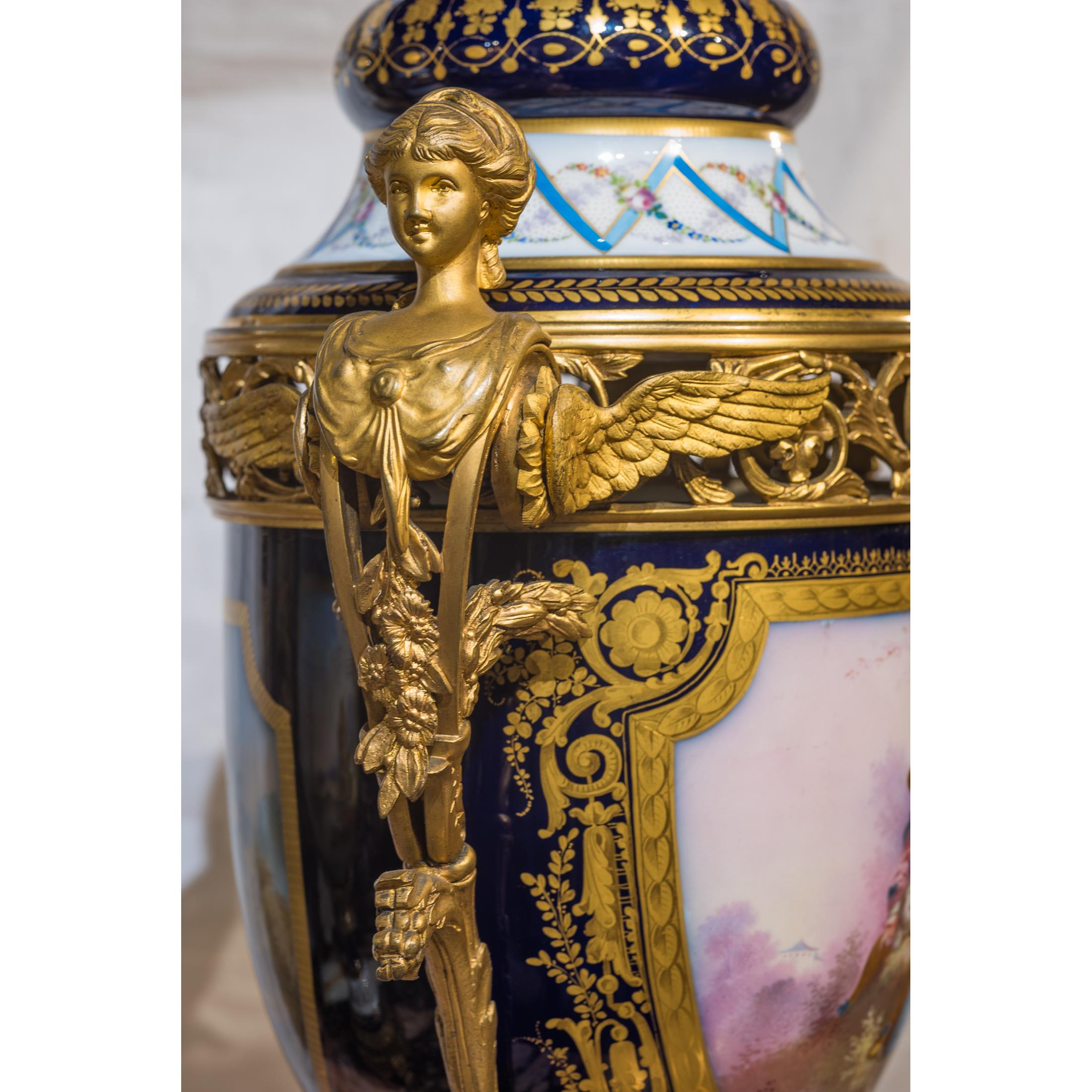 Important Sèvres Style Bronze Mounted and Cobalt Porcelain Vases For Sale 1