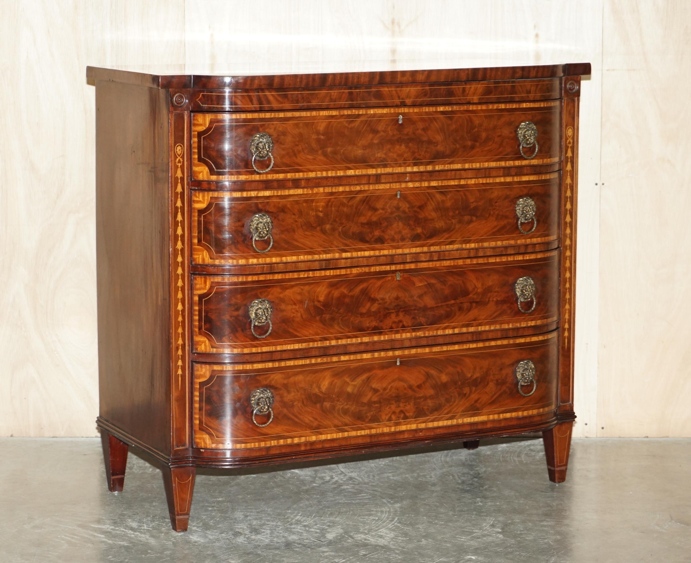We are delighted to offer for sale this lovely absolutely exquisite, original Sheraton, flamed mahogany, bow fronted 1859 dated chest of drawers with Lion's head handles.

These drawers have a timber patina to die for, it is glorious and looks