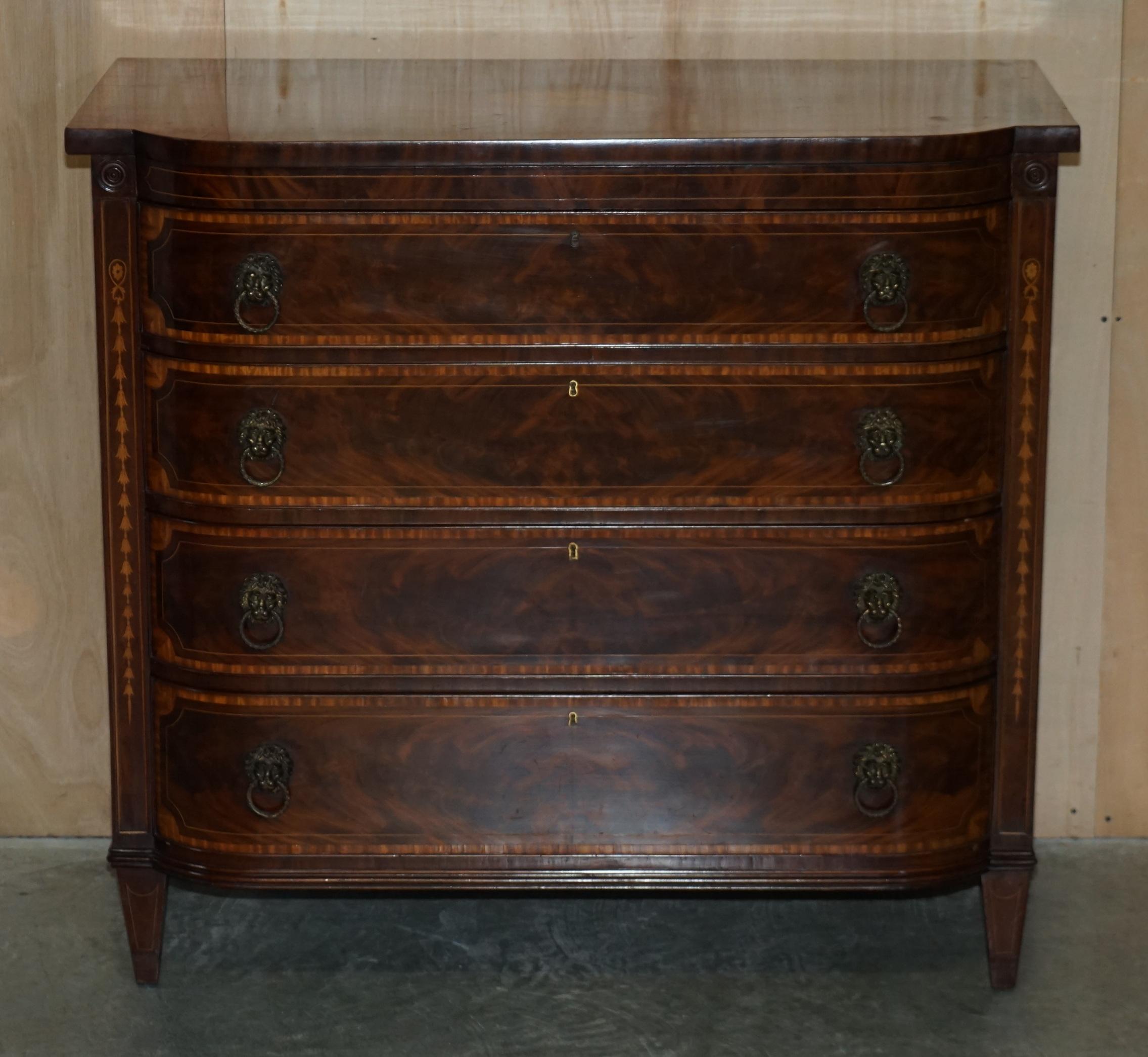 Early Victorian Important Sheraton 1859 Dated Flamed Hardwood Lion Head Handle Chest of Drawers For Sale