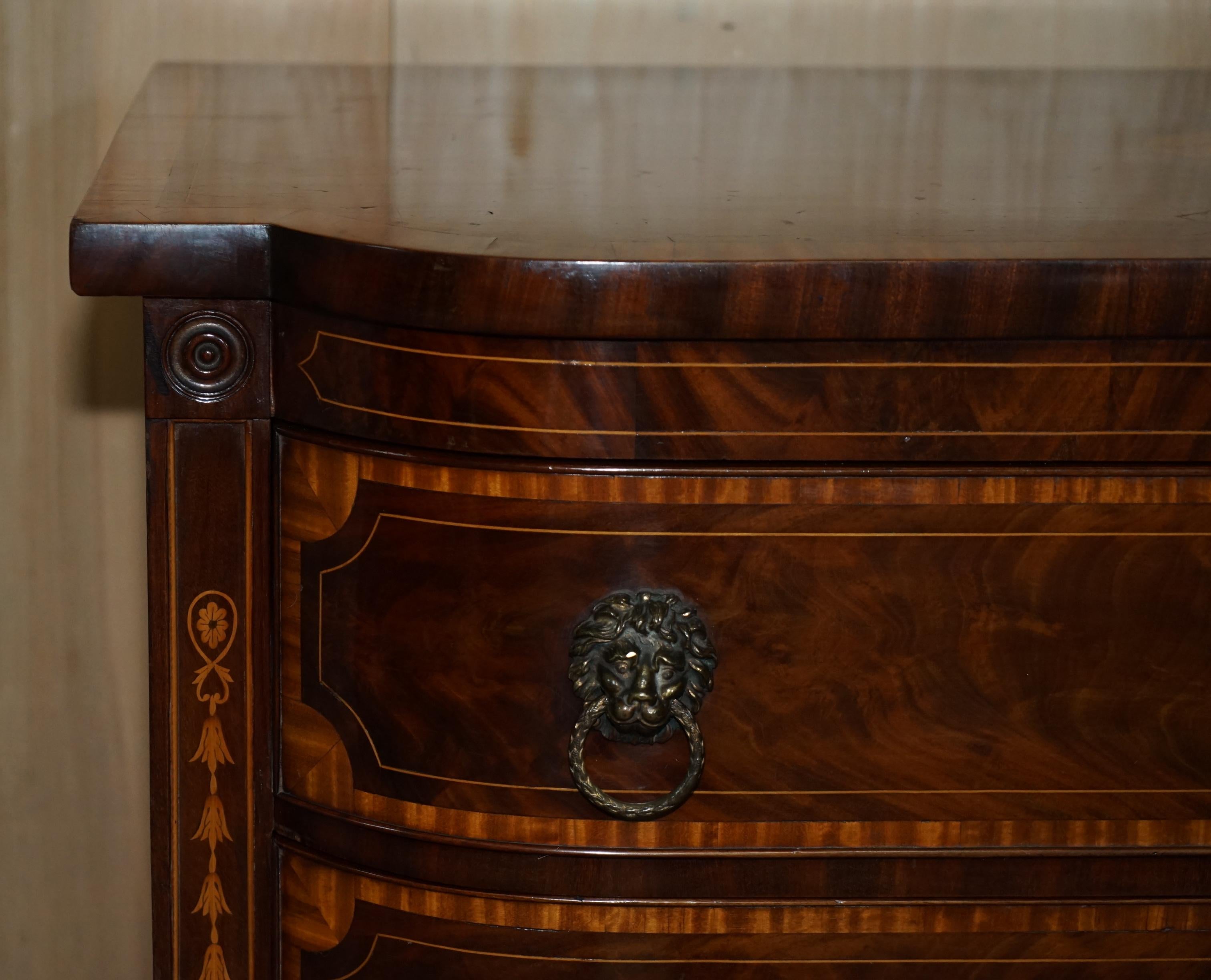 English Important Sheraton 1859 Dated Flamed Hardwood Lion Head Handle Chest of Drawers For Sale