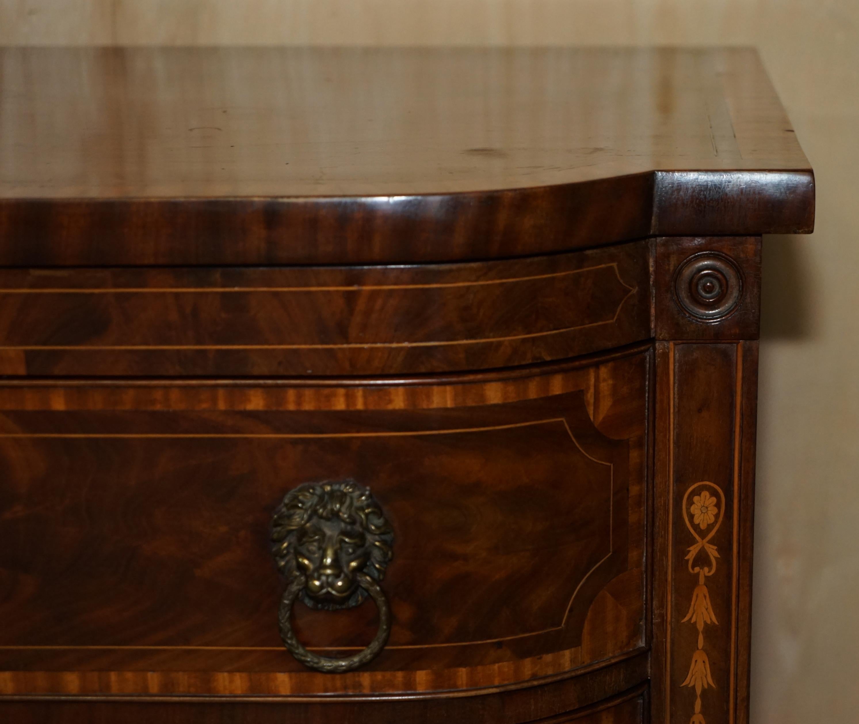 Hand-Crafted Important Sheraton 1859 Dated Flamed Hardwood Lion Head Handle Chest of Drawers For Sale