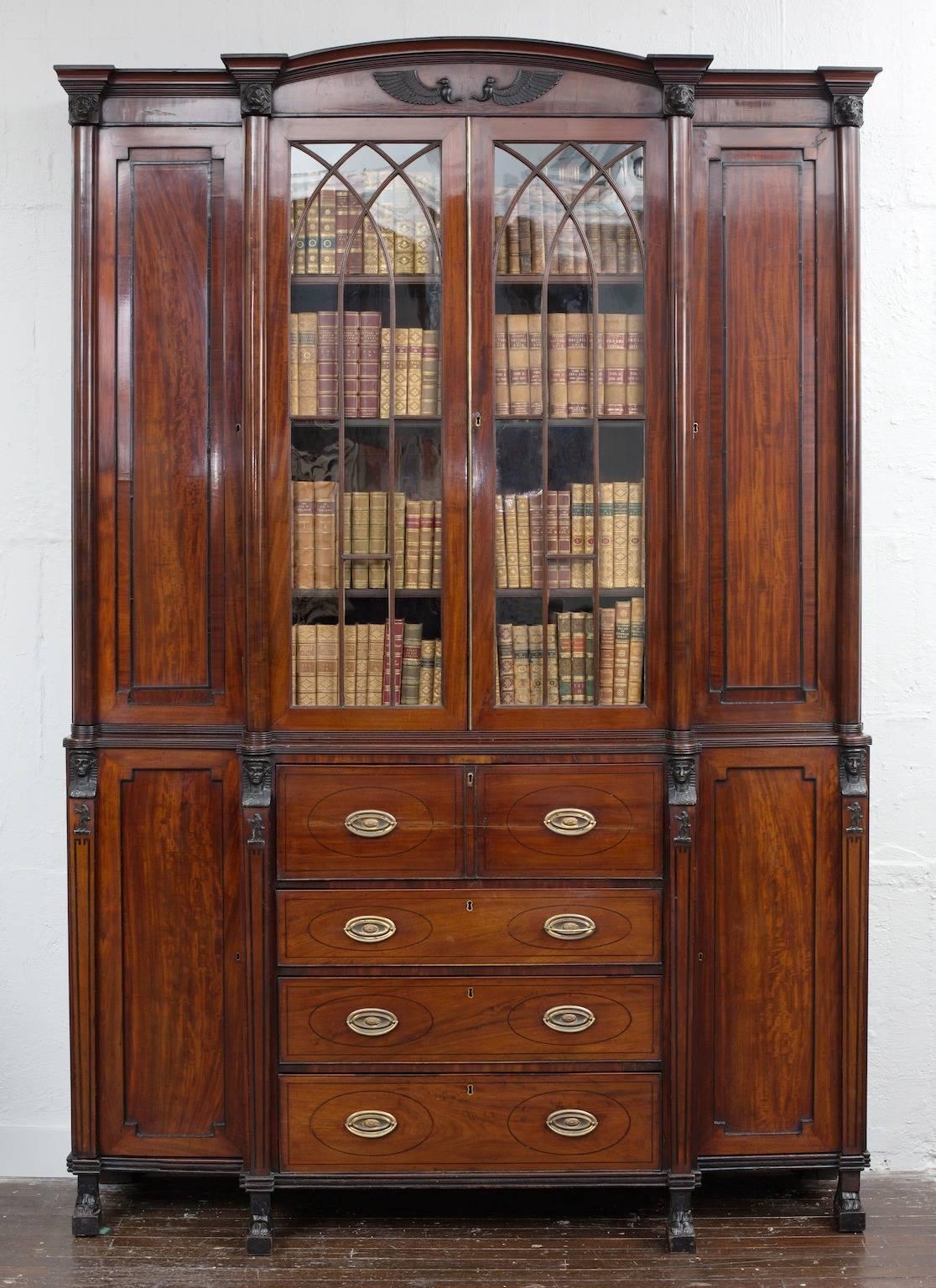 Mahogany Important Sheraton Egyptian Revival Battle of the Nile Secretaire Bookcase For Sale