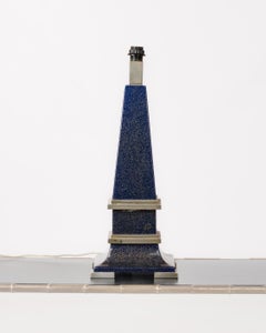 Important Signed Blue Resin Obelisk Shaped Lamp w. Nickel Accents - France 1980s
