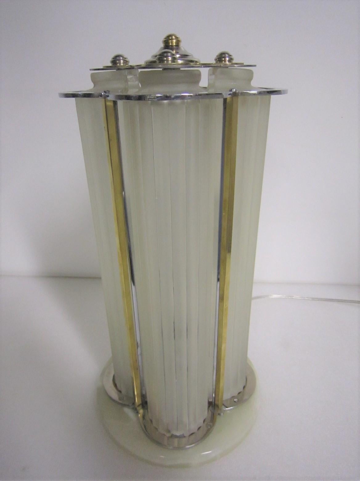 Art Deco Important Signed Sabino Frosted Art Glass Table Lamp in Nickel with Brass Detail