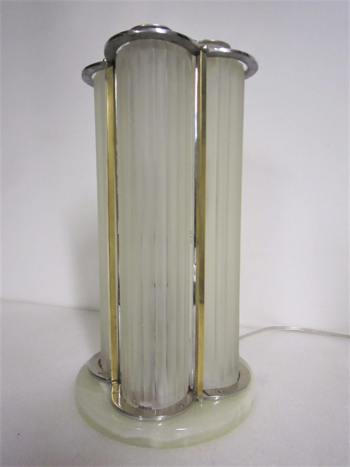 French Important Signed Sabino Frosted Art Glass Table Lamp in Nickel with Brass Detail