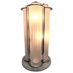 Important Signed Sabino Frosted Art Glass Table Lamp in Nickel with Brass Detail