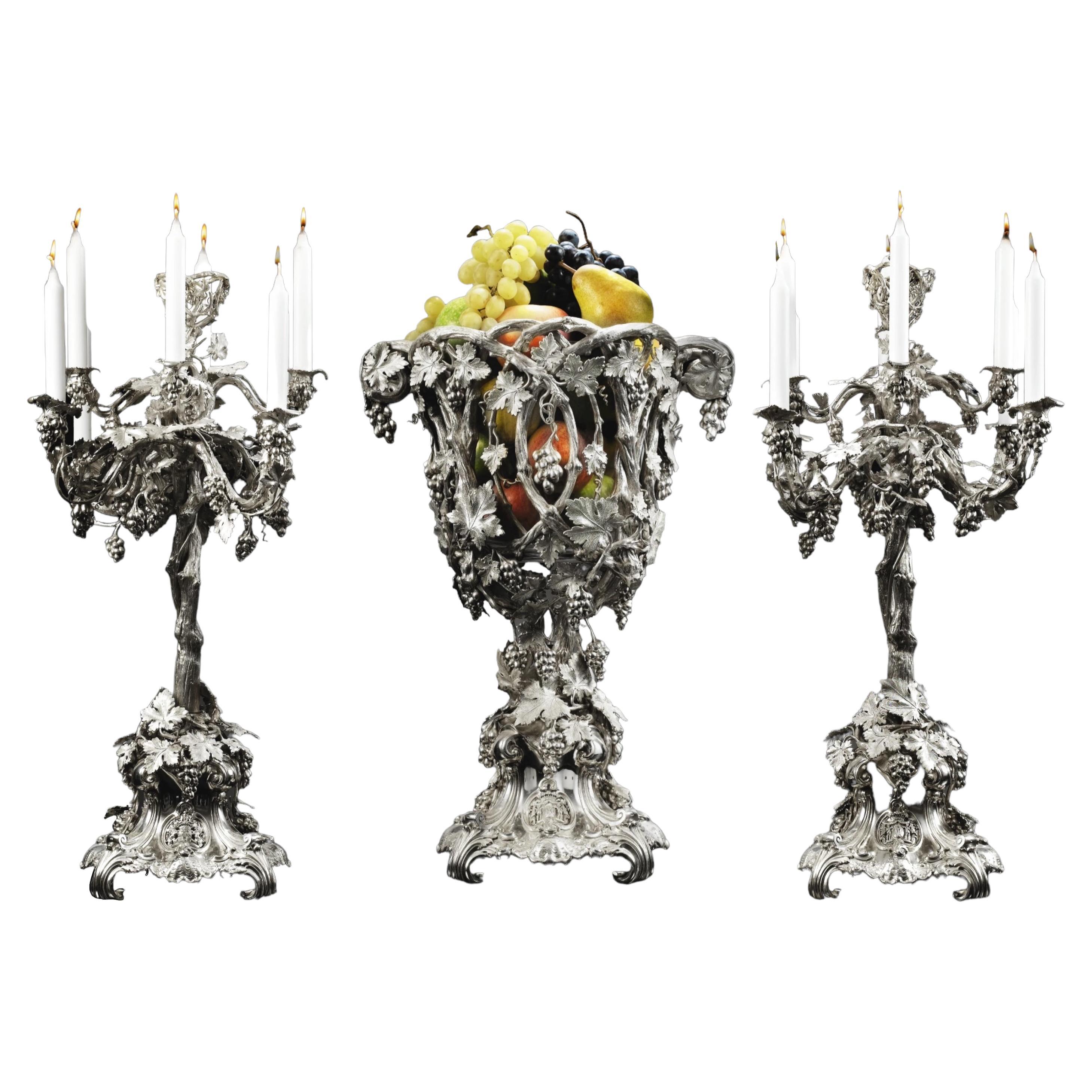 Important Silver Table Garniture Friedeberg Pair Large Candelabra & Centerpiece