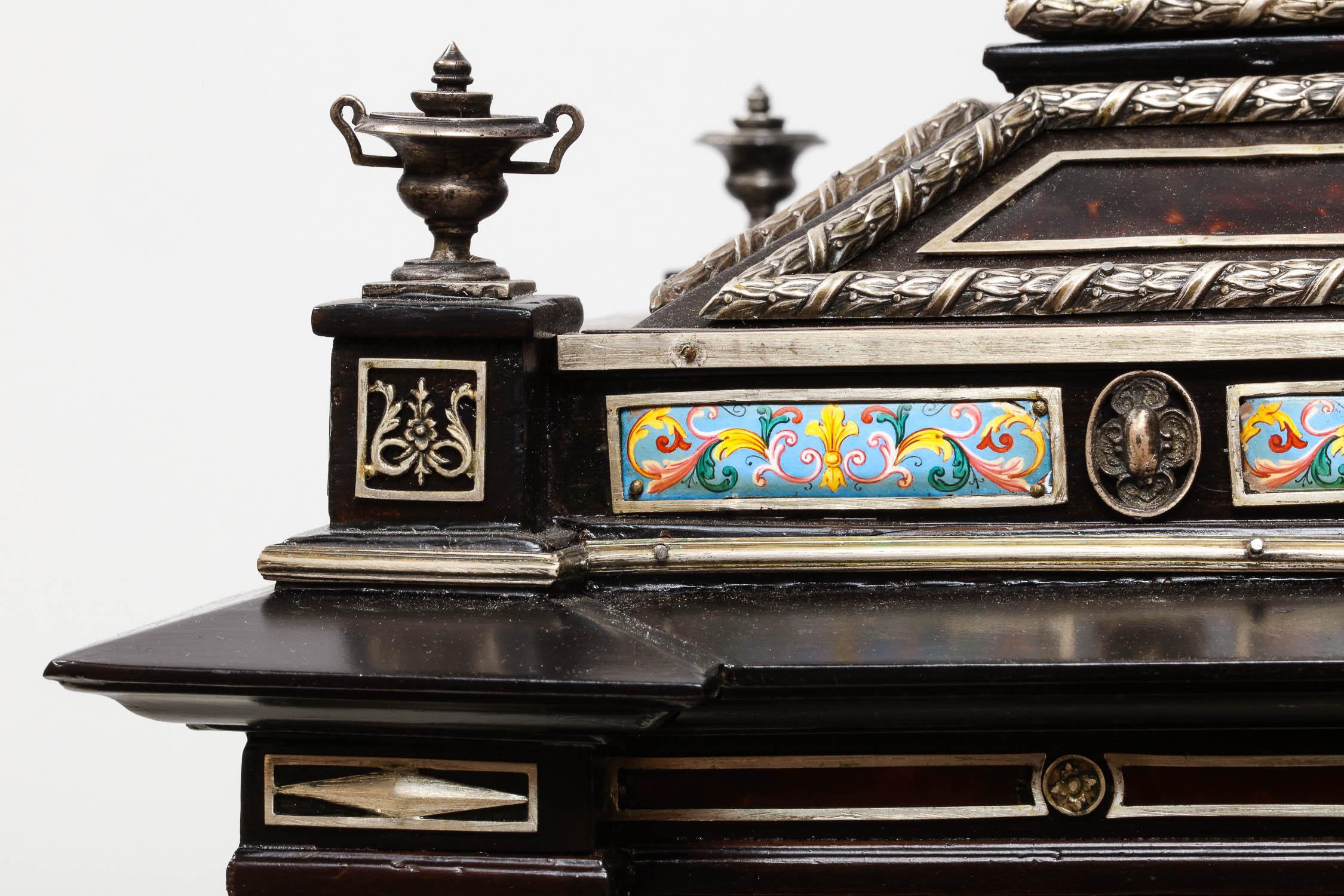 Important Silver & Viennese Enamel Mounted Tortoiseshell Jewelry Cabinet Box 4