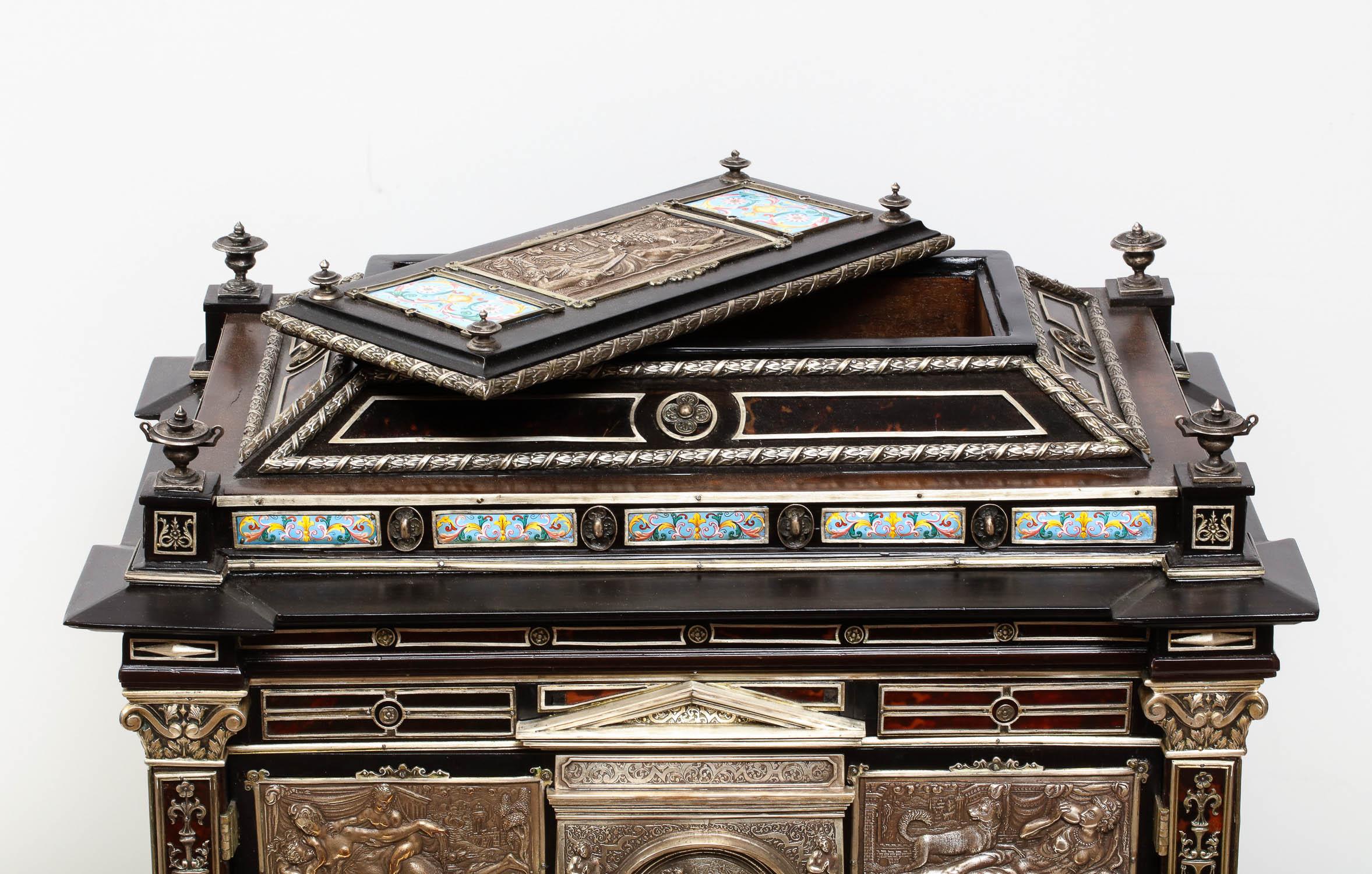 Important Silver & Viennese Enamel Mounted Tortoiseshell Jewelry Cabinet Box 5