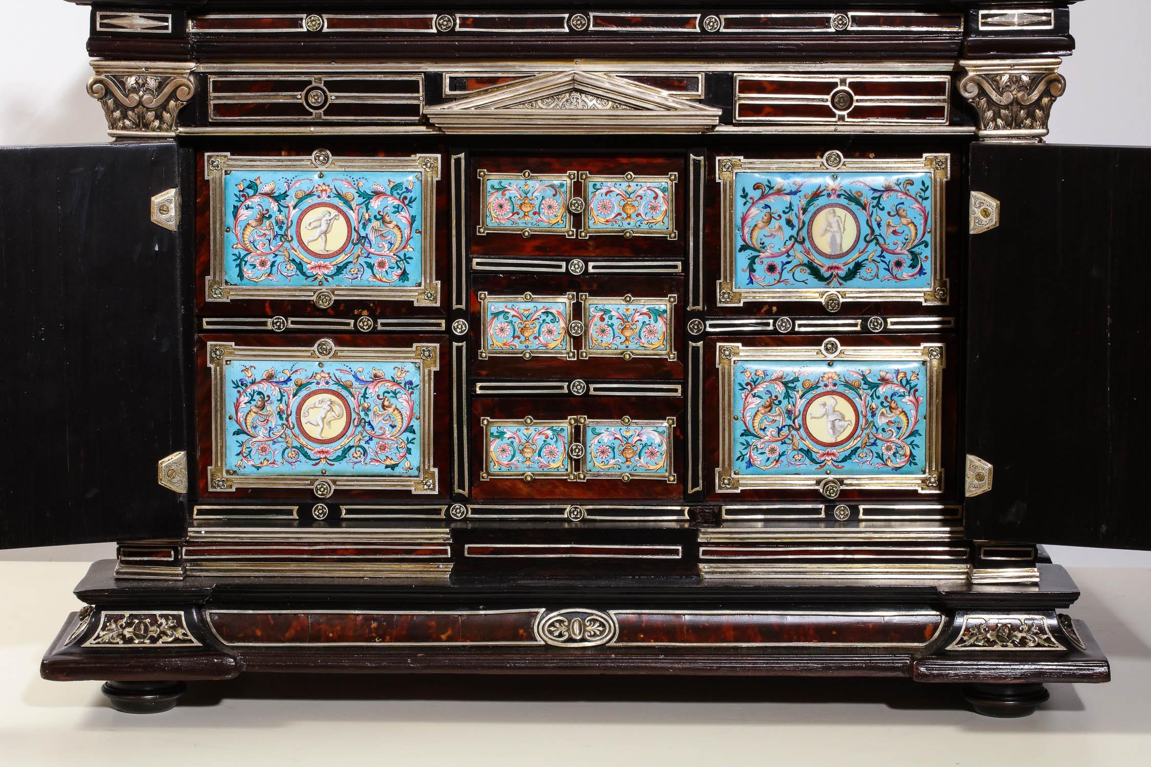 Important Silver & Viennese Enamel Mounted Tortoiseshell Jewelry Cabinet Box 7