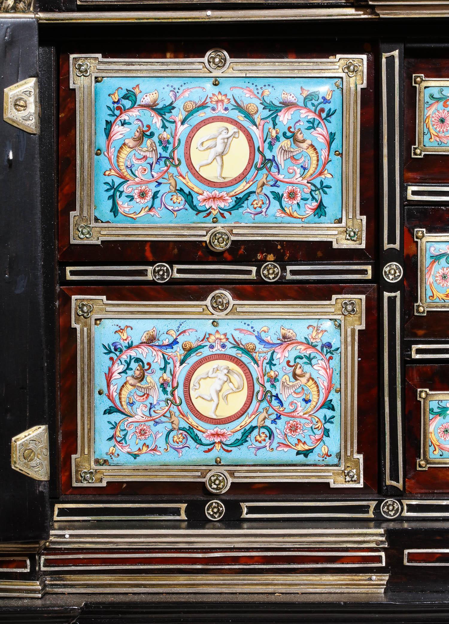 Important Silver & Viennese Enamel Mounted Tortoiseshell Jewelry Cabinet Box 8