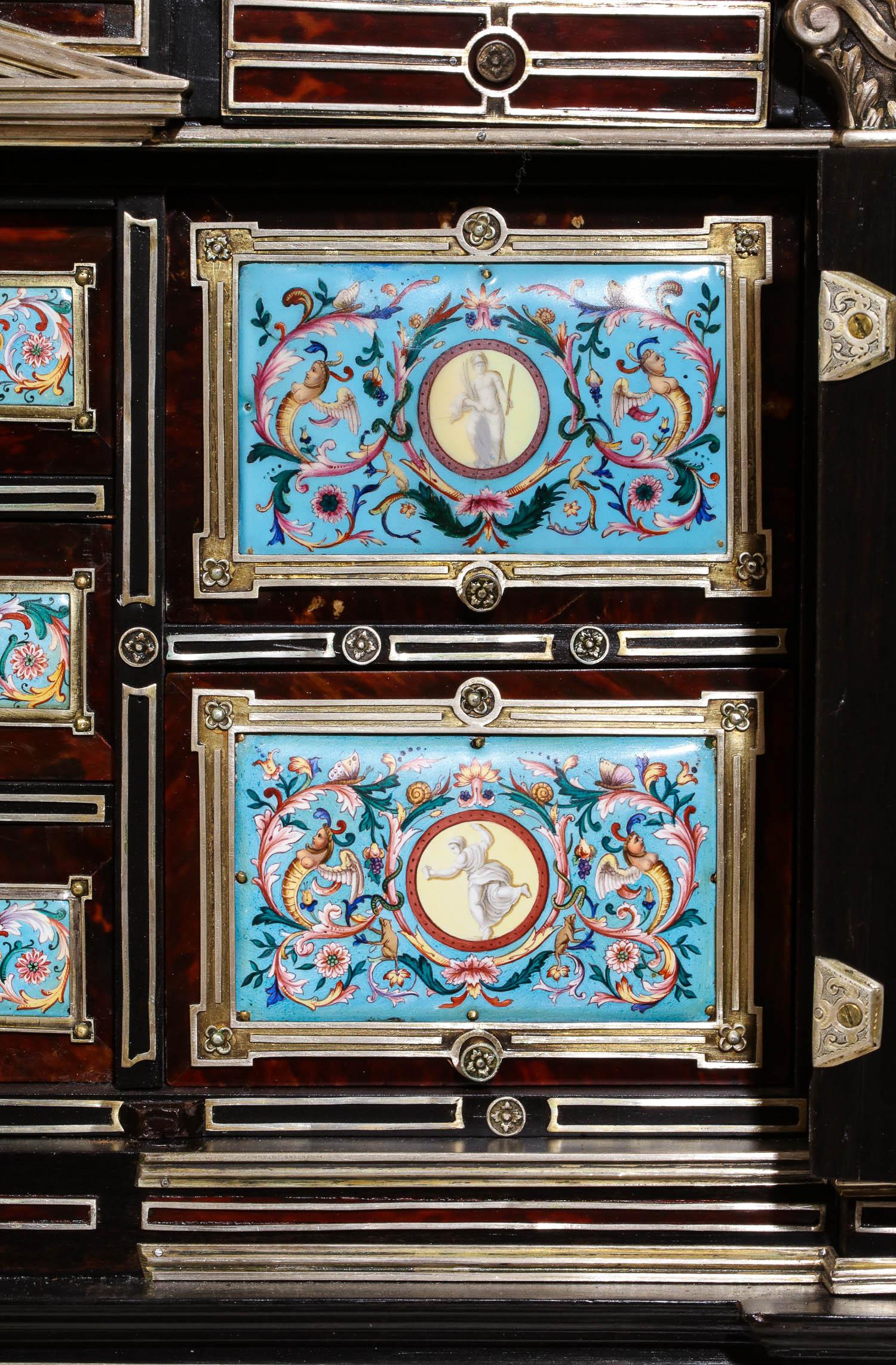 Important Silver & Viennese Enamel Mounted Tortoiseshell Jewelry Cabinet Box 10