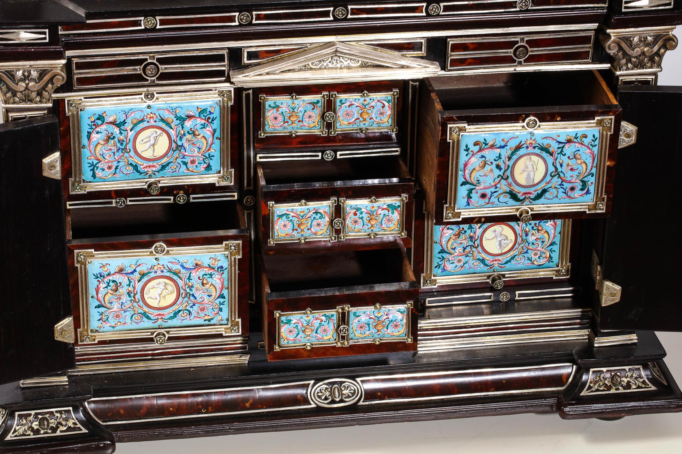 Important Silver & Viennese Enamel Mounted Tortoiseshell Jewelry Cabinet Box 11