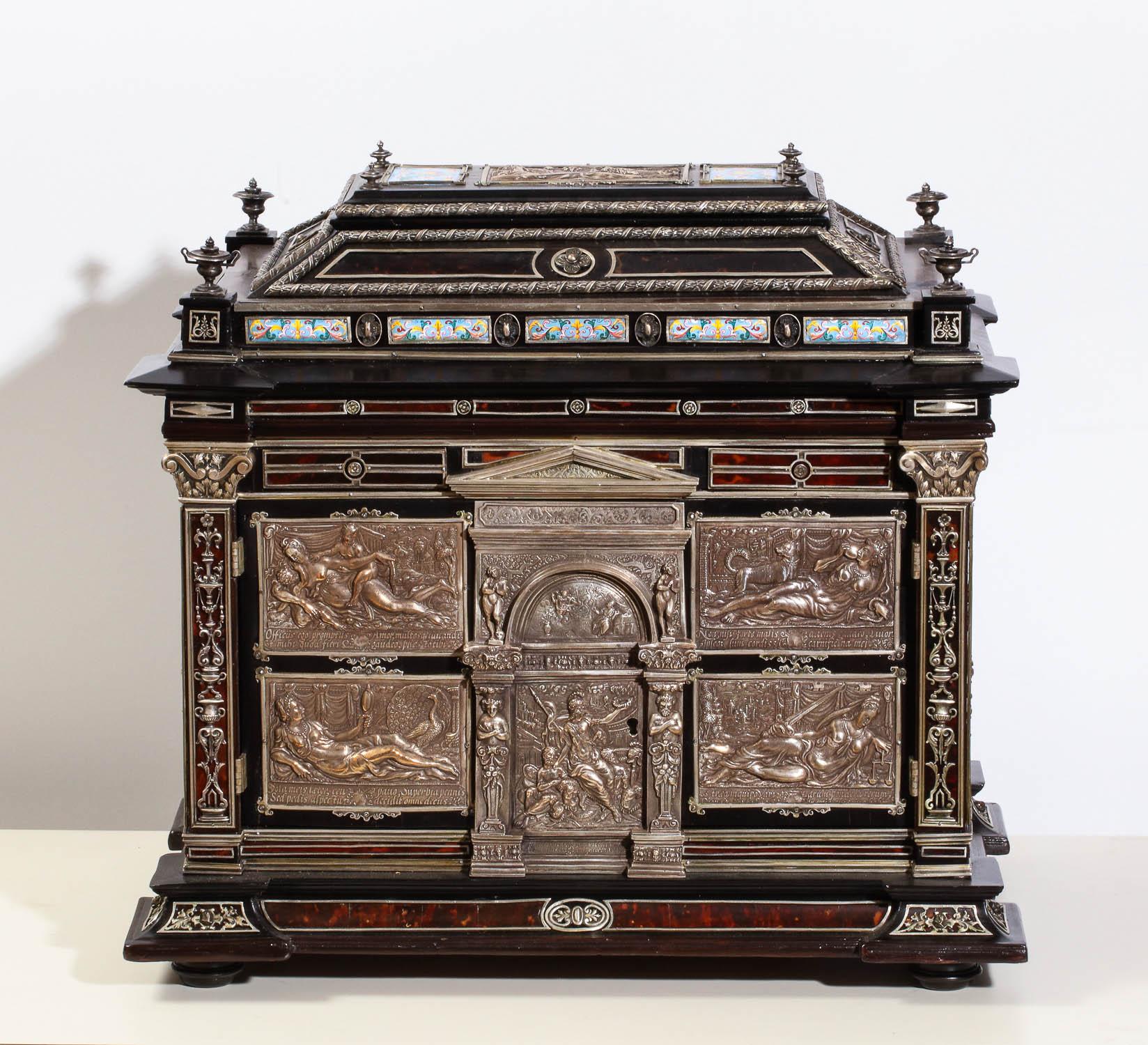 Important Silver & Viennese enamel mounted repousse tortoiseshell jewelry cabinet box in the Renaissance style.

Very large and impressive in size.

This extraordinary, large antique table cabinet in the Greco-Roman / Renaissance style dates