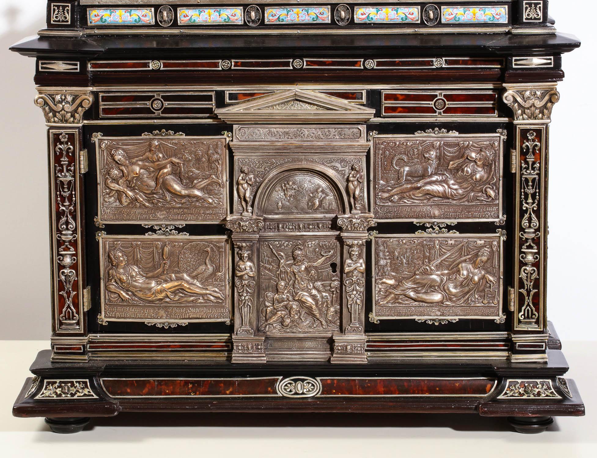 Renaissance Important Silver & Viennese Enamel Mounted Tortoiseshell Jewelry Cabinet Box