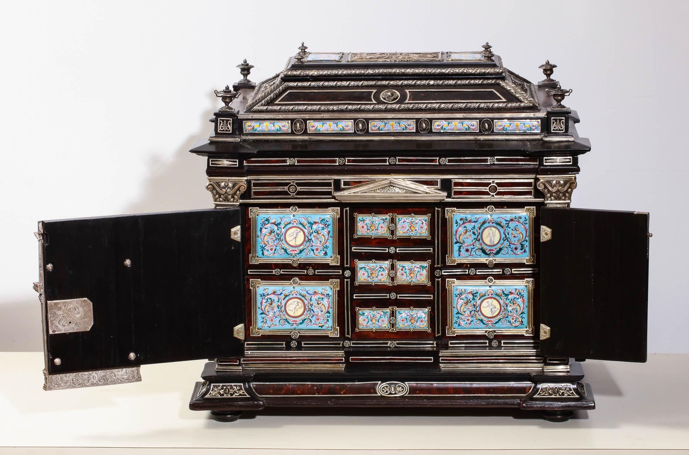 Austrian Important Silver & Viennese Enamel Mounted Tortoiseshell Jewelry Cabinet Box