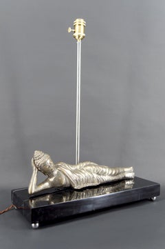 Important Silvered Bronze Buddha Lamp on Black Marble Base, Indochina, 1930's