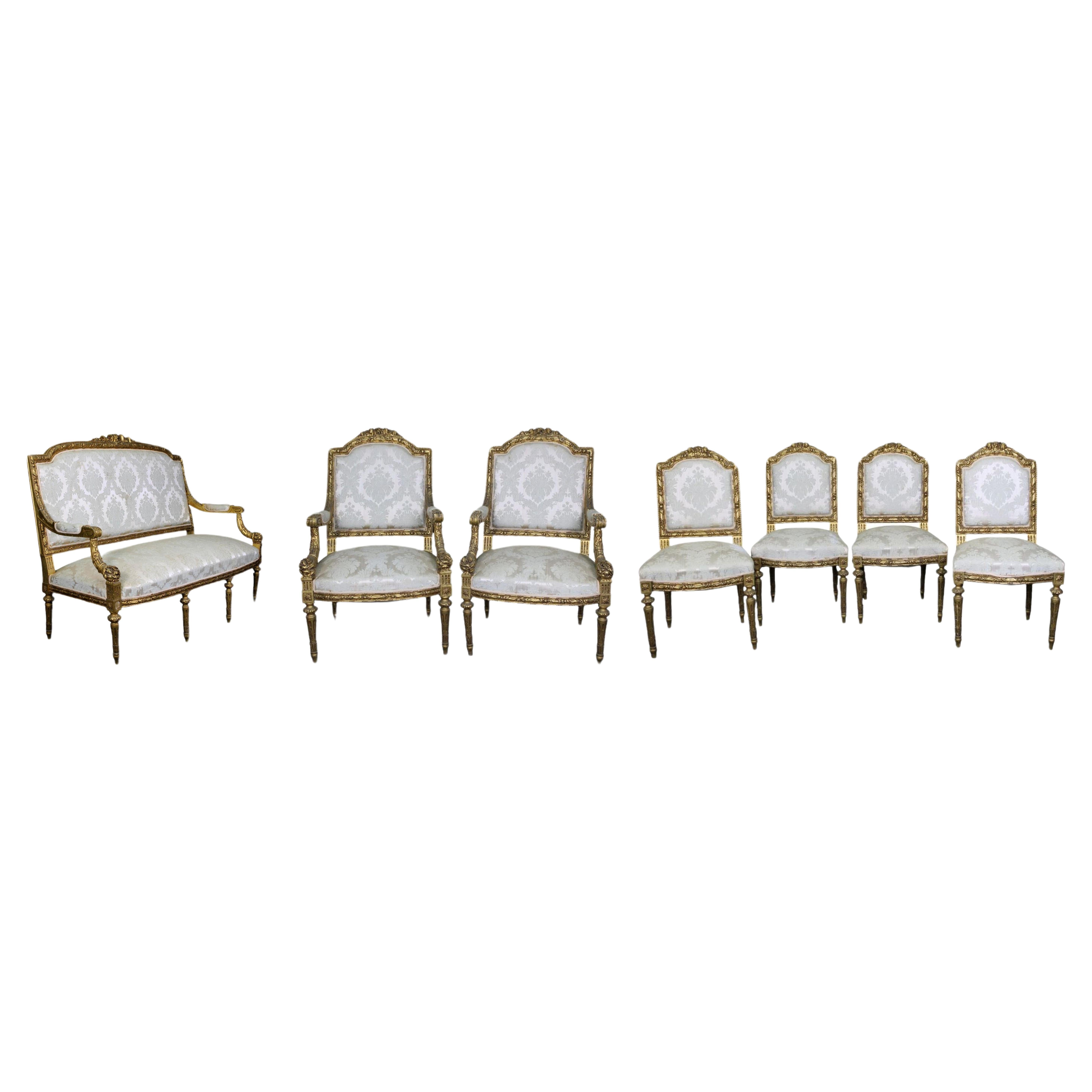 Wichtiges Sofa-Set, Paar Sessel und 4 Sessel im Louis-XVI-Stil des 19. Jahrhunderts  im Angebot