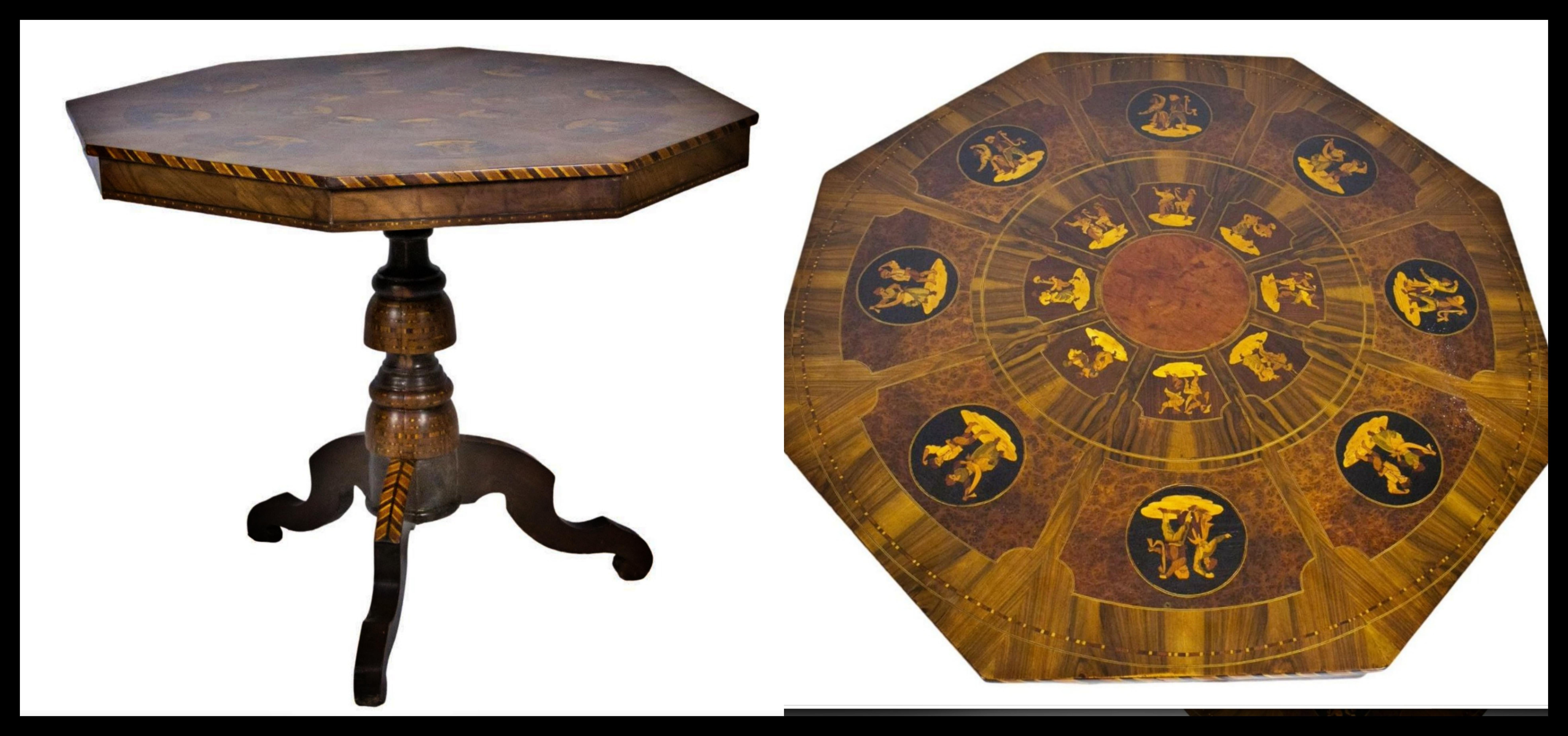IMPORTANT SORRENTINO TABLE (Sorrento-Naples) 19th Century

octagonal in shape, inlaid in various essences, decorated with inlays depicting dancers in traditional costume inside round reserves, the center presents essence of fruit wood
Gargiulo