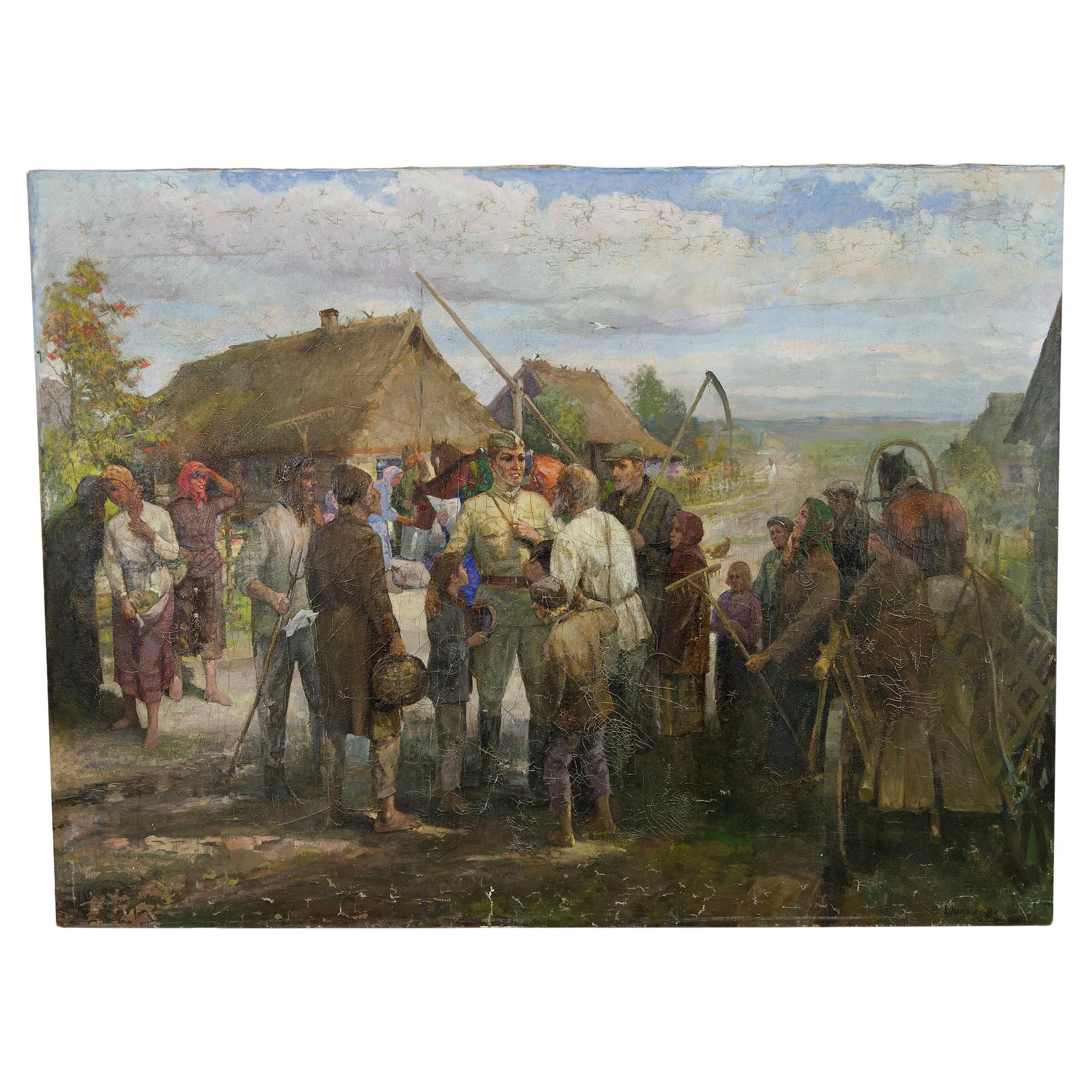Important Soviet propaganda painting, "Soldiers and Peasants", USSR, 1983 For Sale