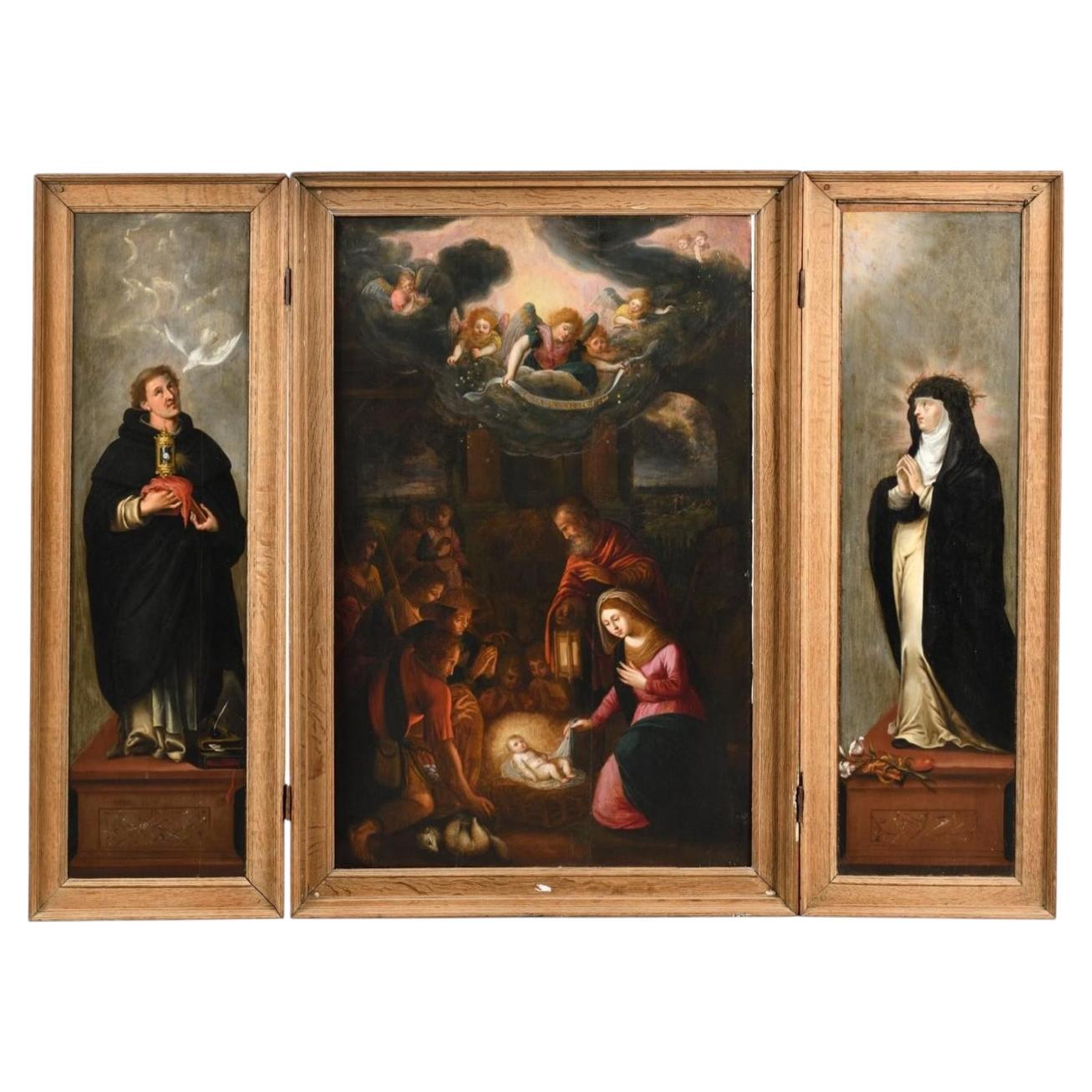 Important Spanish School 17th Century: Triptych of the Adoration H: 145cm