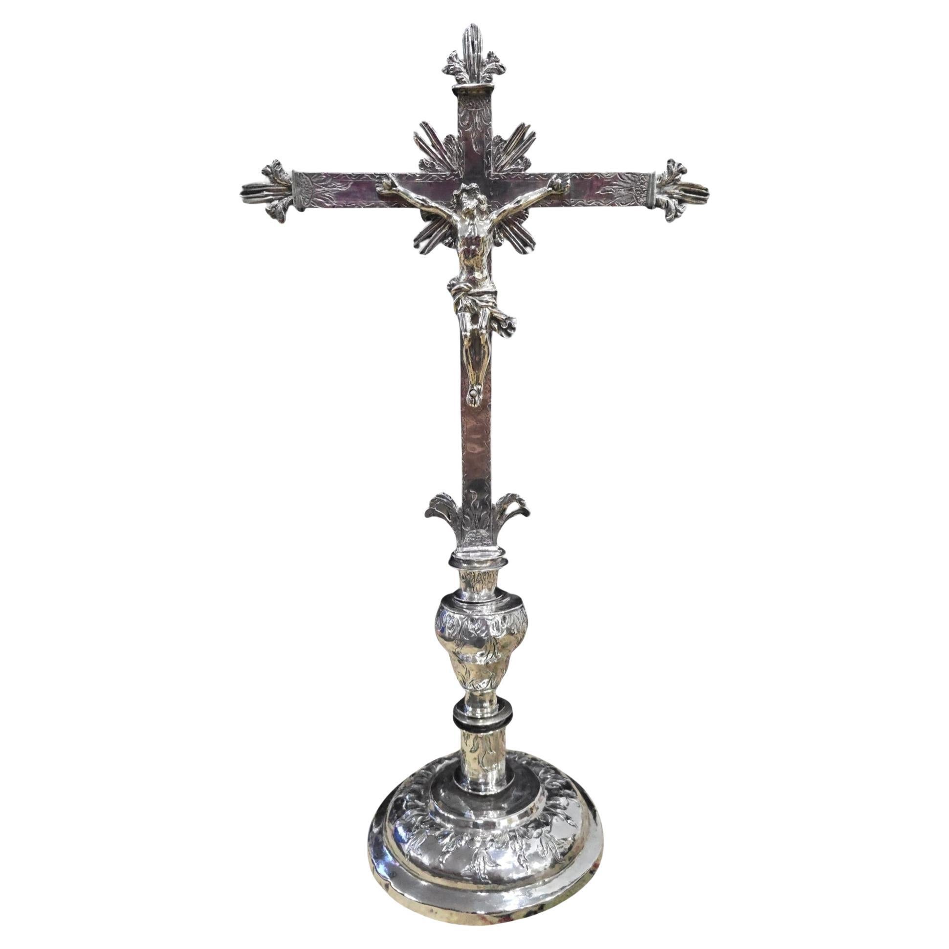 Important Spanish Solid Silver Altar Cross – 16th Century For Sale