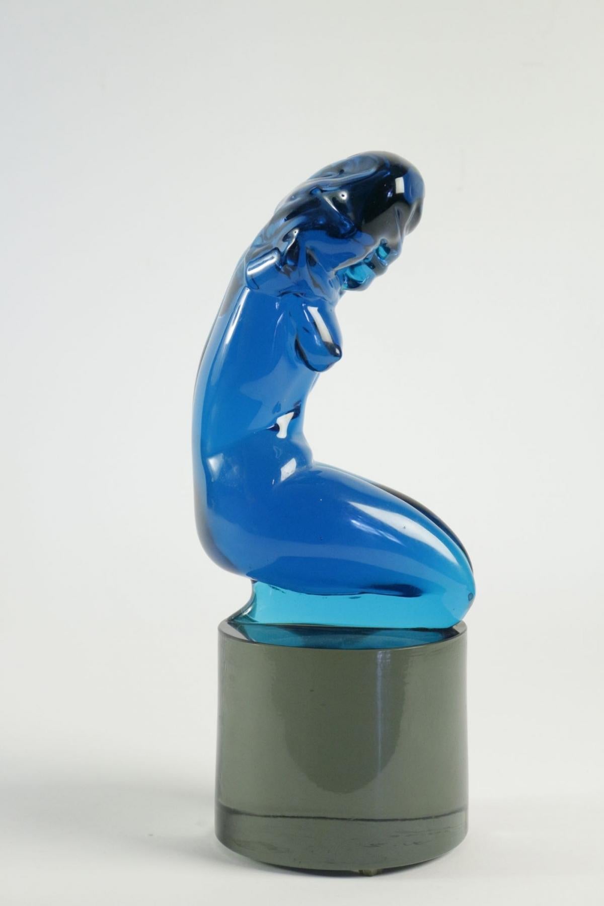 Late 20th Century Important Statue of L.rosin, Italy, Murano Glass Blue, Signed