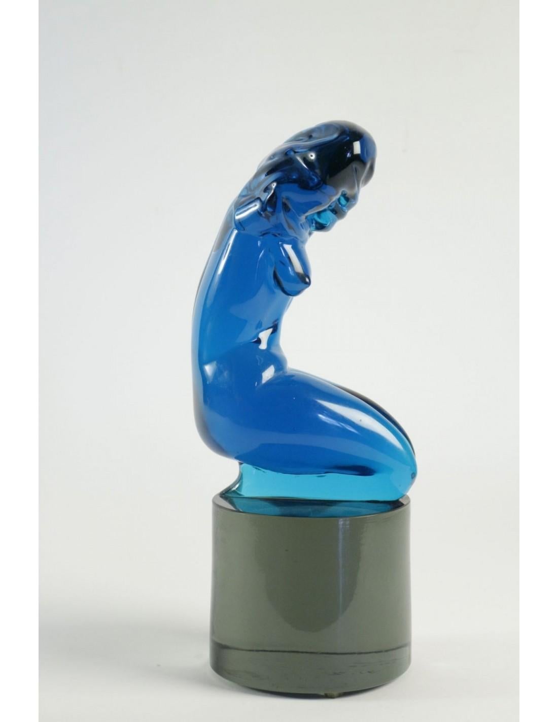 Important Statue of L.Rosin, Italy, Murano Glass Blue, Signed 1