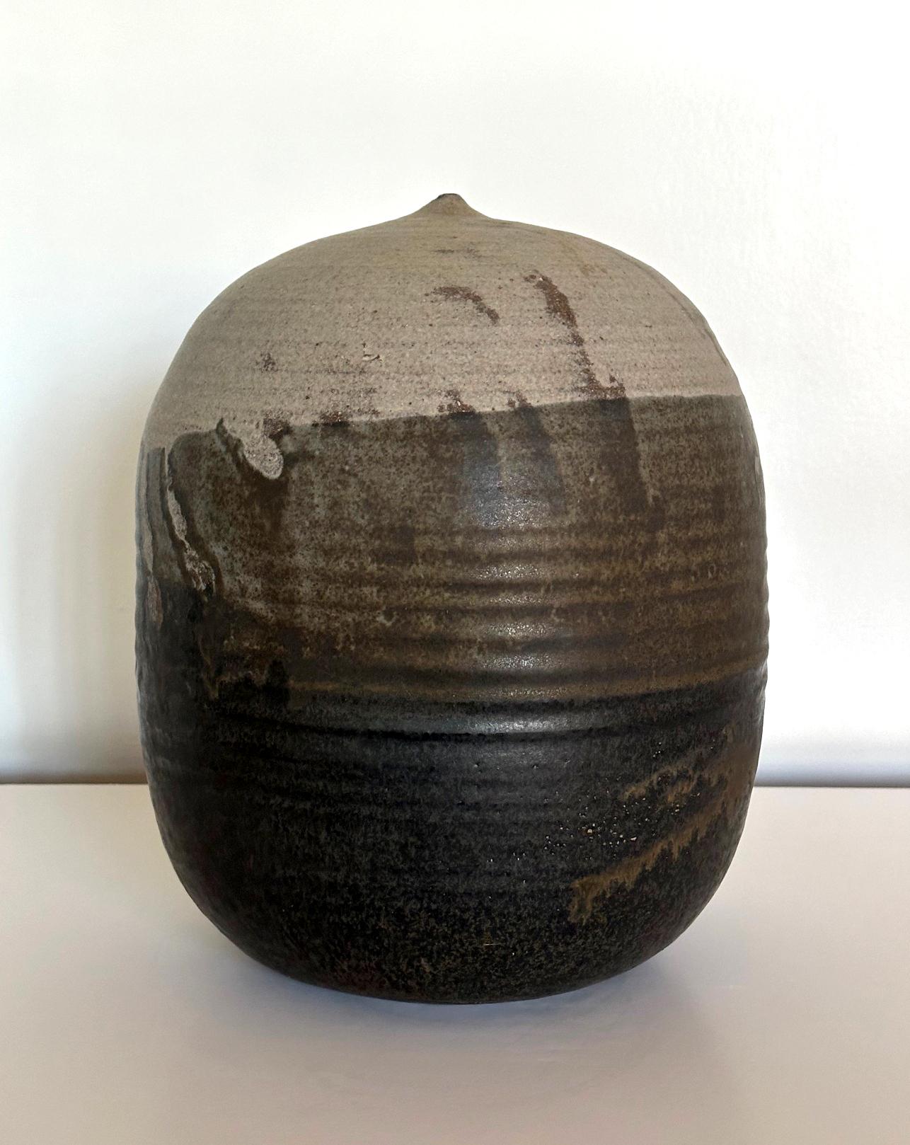 Modern Important Storied Tall Ceramic Pot with Rattle and Handprints by Toshiko Takaezu For Sale