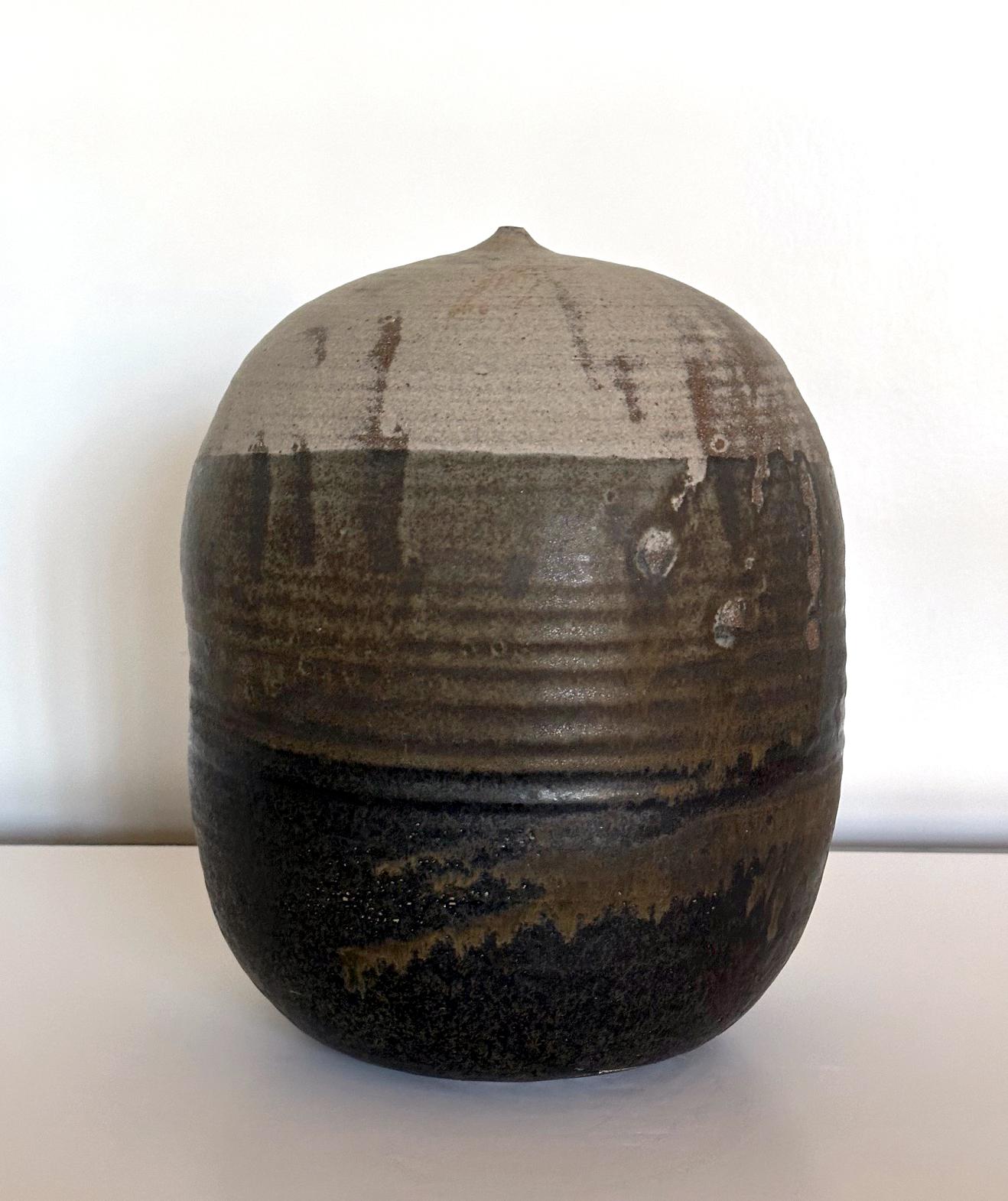 American Important Storied Tall Ceramic Pot with Rattle and Handprints by Toshiko Takaezu For Sale