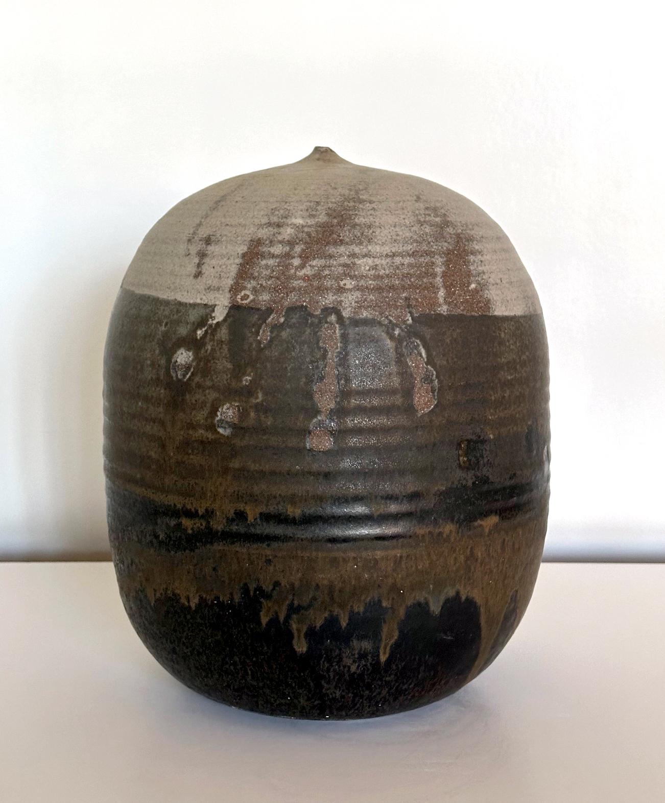 Late 20th Century Important Storied Tall Ceramic Pot with Rattle and Handprints by Toshiko Takaezu For Sale