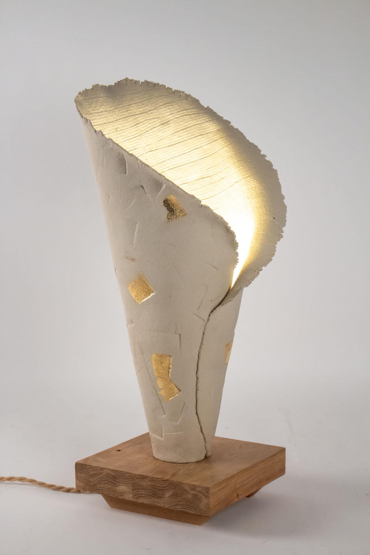 Modern Important Table Lamp Terracotta and Wood Base, Application of Gold Foil