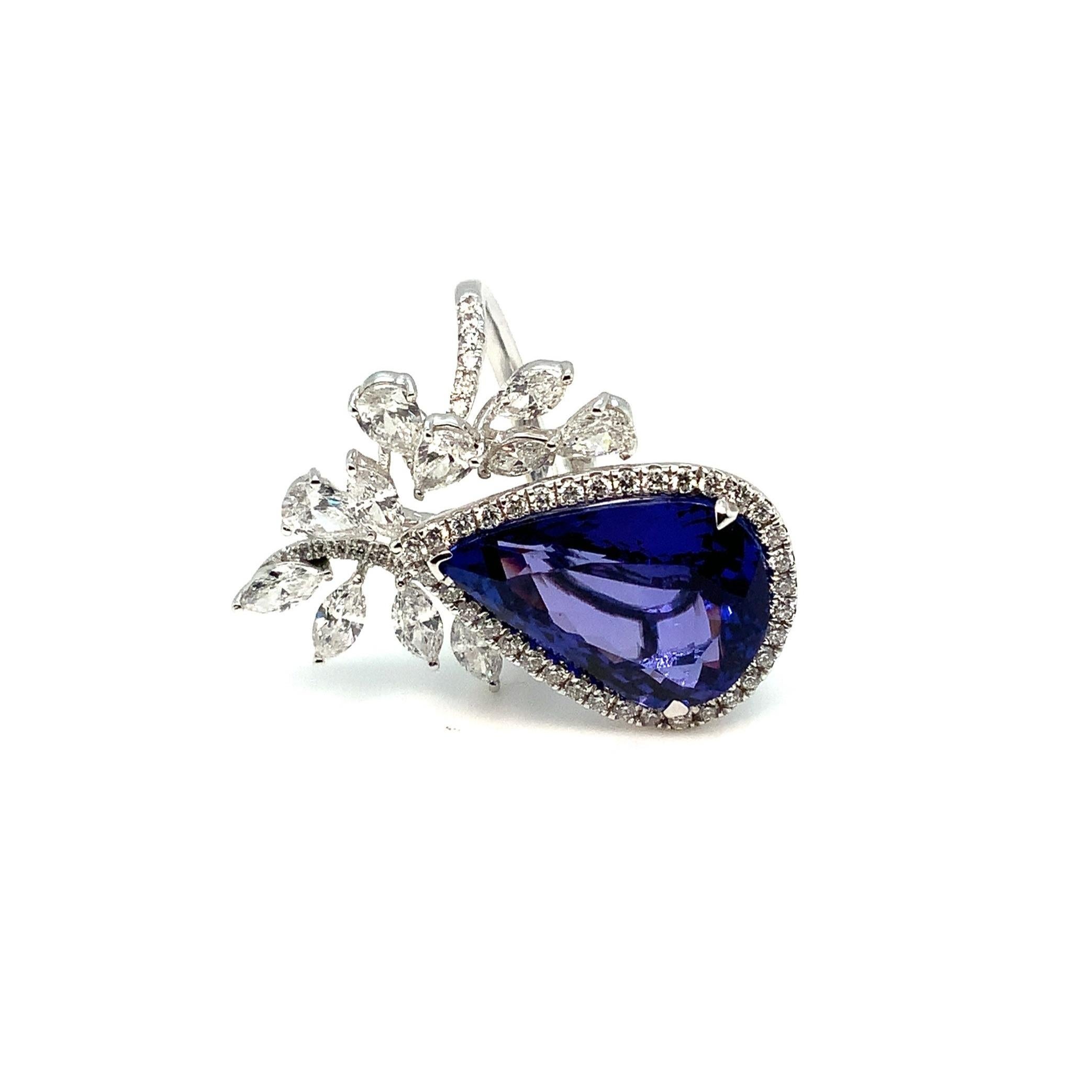 Important Tanzanite and Diamond  Right Hand Ring Fashioned in 18K White Gold. For Sale 1