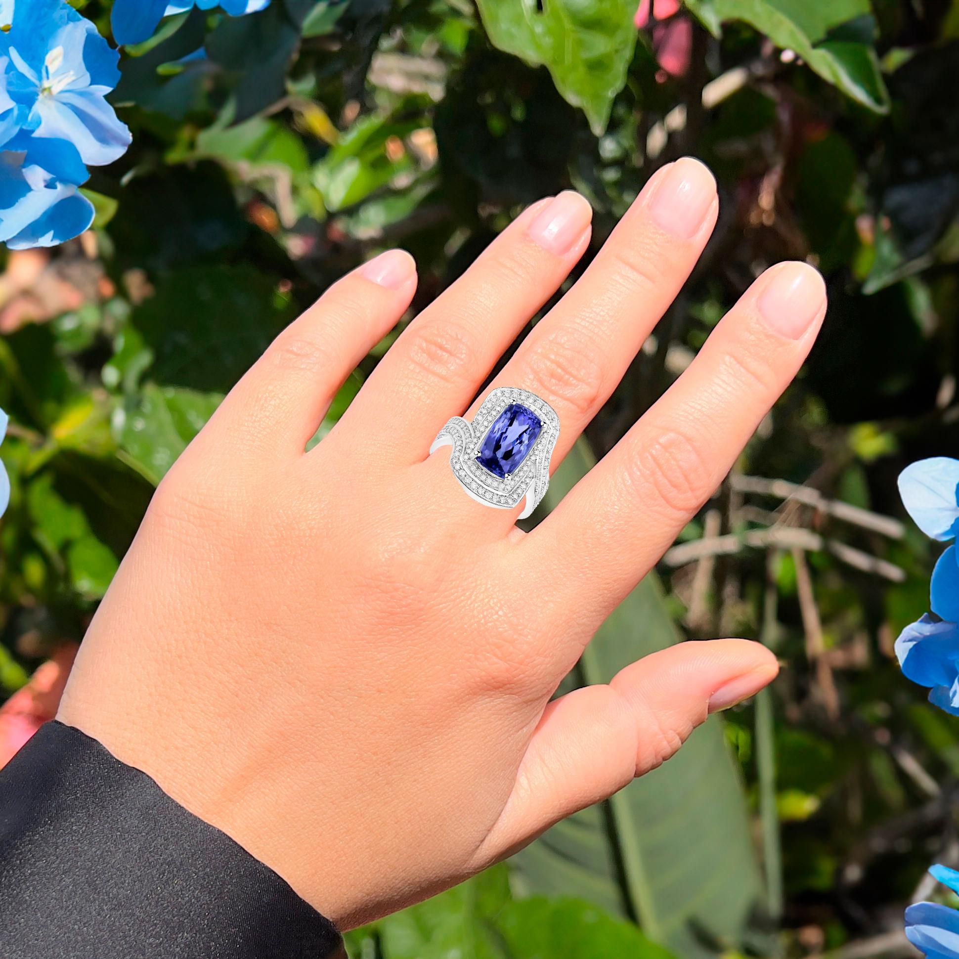 Cushion Cut Important Tanzanite Bypass Ring Double Diamond Halo 6.63 Carats For Sale