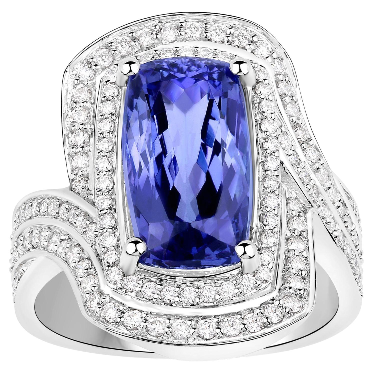 Important Tanzanite Bypass Ring Double Diamond Halo 6.63 Carats For Sale