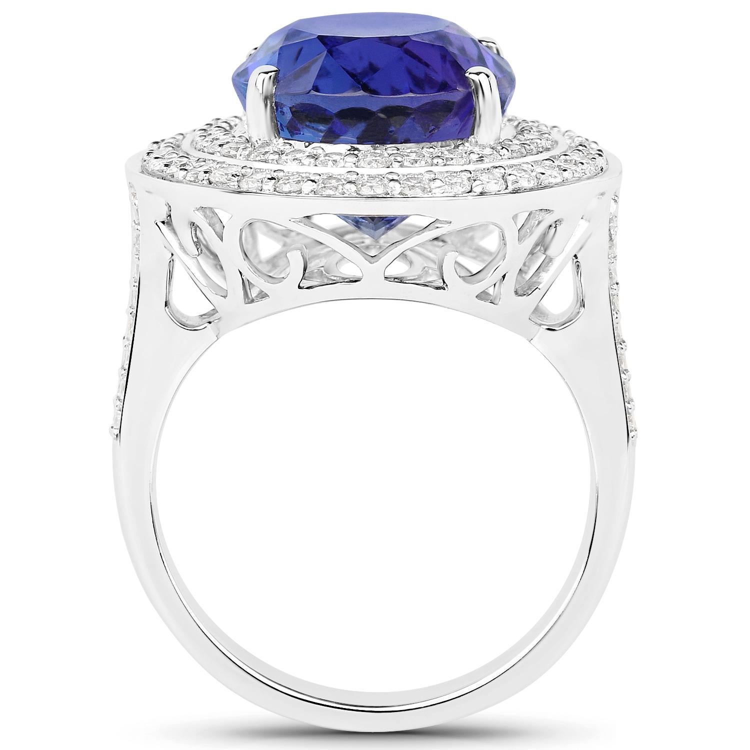 Important Tanzanite Statement Ring Diamond Halo 13.7 Carats Total 18K Gold In Excellent Condition For Sale In Aliso Viejo, CA