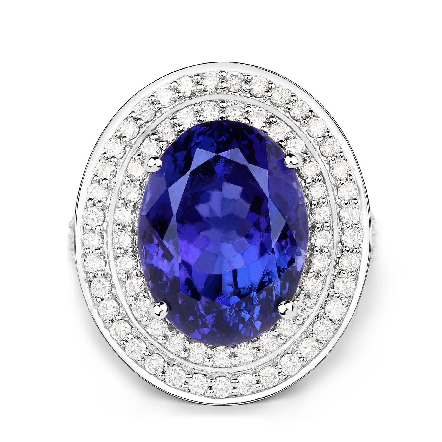 Women's or Men's Important Tanzanite Statement Ring Diamond Halo 13.7 Carats Total 18K Gold For Sale