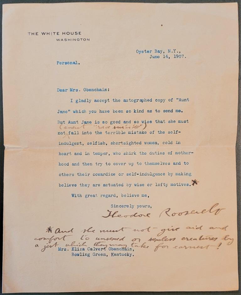 Fait main Importante lettre de Teddy Roosevelt de la Maison Blanche datant de juin 1907 en vente