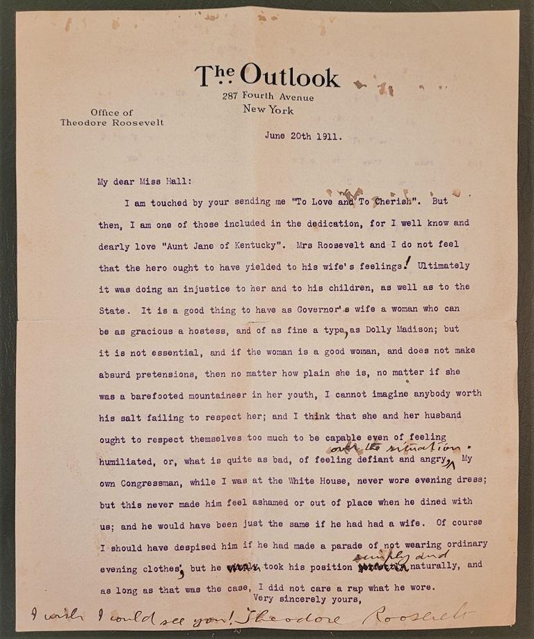 Presenting a very important Teddy Roosevelt Letter of June 1911 .

On ‘The Outlook’ letterhead. Typed and personally signed and amended by President Theodore Roosevelt.

Dated June 20th 1911.

What makes this letter so important is the author, the