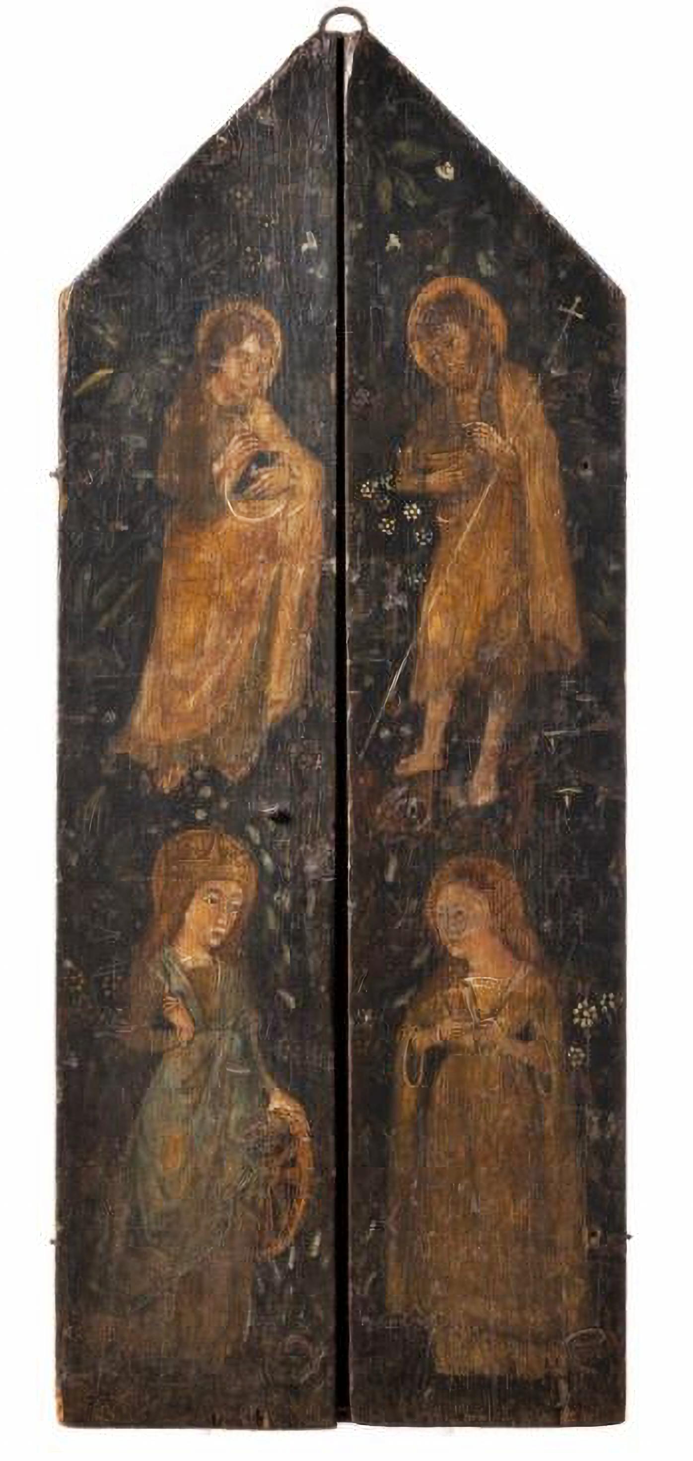 IMPORTANT TRIPTIC
FLORENTINE SCHOOL (Italy) 16th Century

Oil on wood, representing the Eternal Father, Our Lady with Baby Jesus, Saint Bernadino of Siena, San León, Saint Stephen and Saint Dominic .
Period defects
Dim.: (open) 120 x 94 cm.;
Dim.: