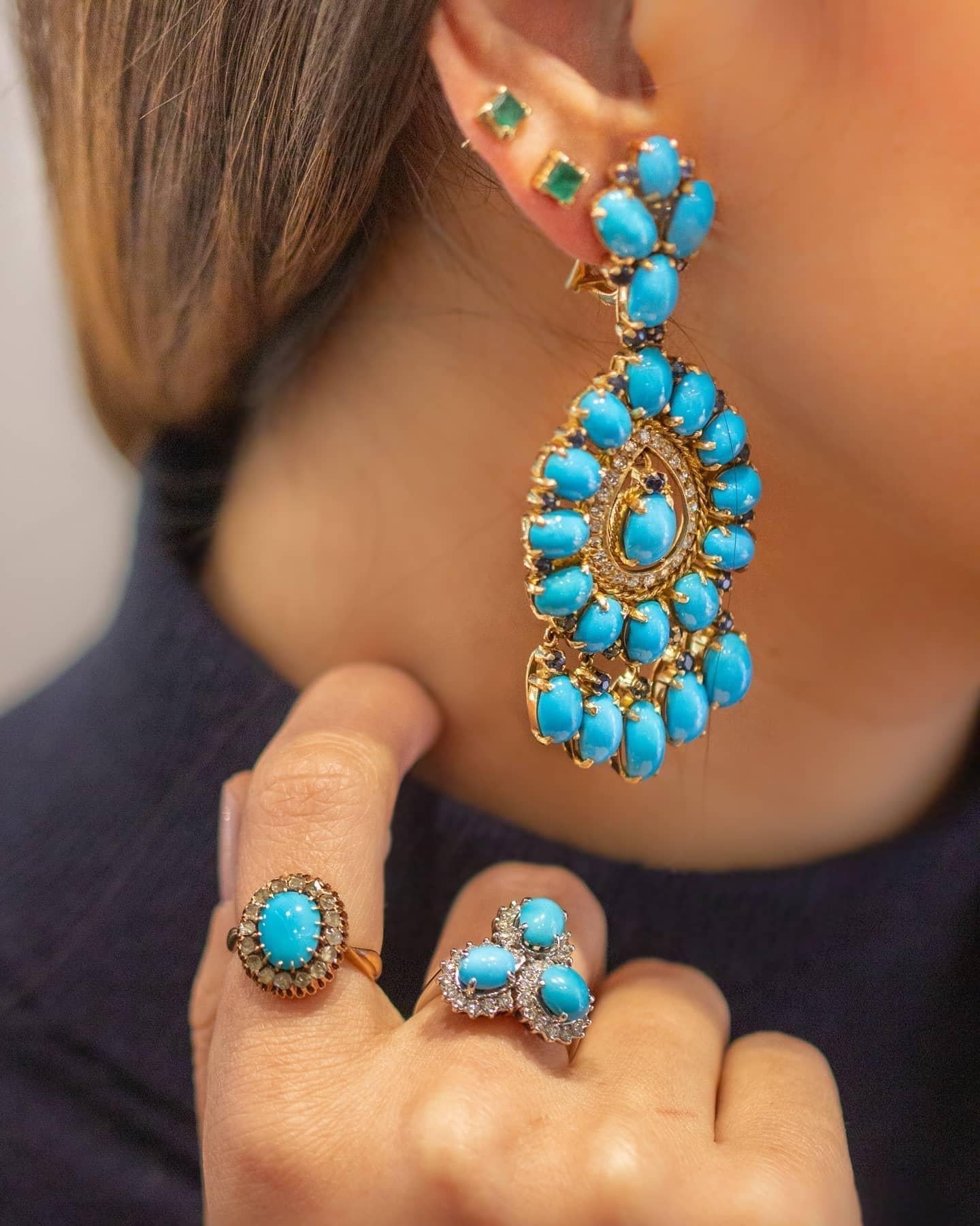 An Important Earrings mounted in yellow gold , set with numerous natural Persian Turquoise ( The most-prized turquoise color is an even, intense, medium blue, sometimes referred to as robin's egg blue or sky blue in the trade. The traditional source