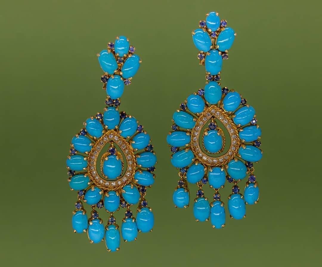 Art Deco Important Turquoise and Diamond Earrings For Sale