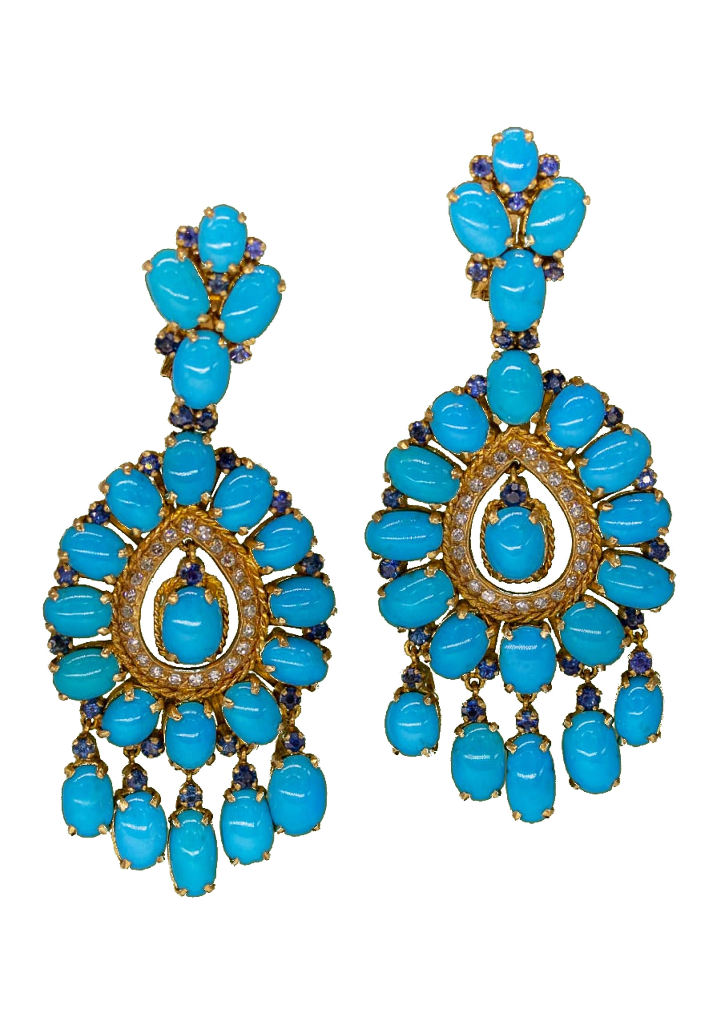 Round Cut Important Turquoise and Diamond Earrings For Sale